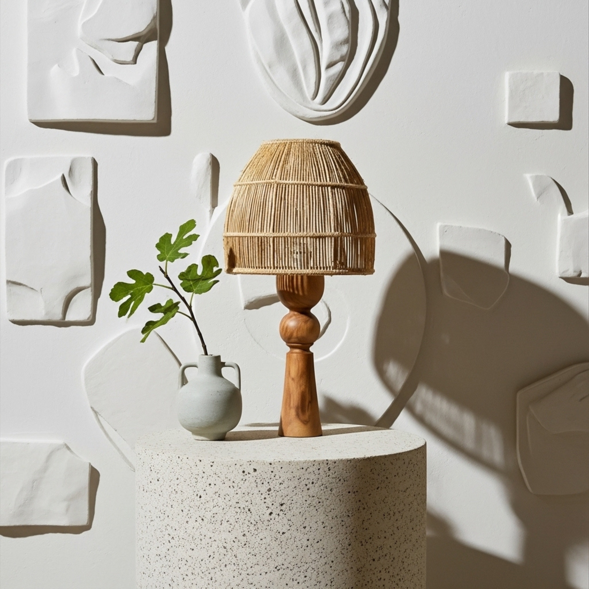 Lampe de table artisanale – base en bois d’olivier & abat-jour en fibres de palmier