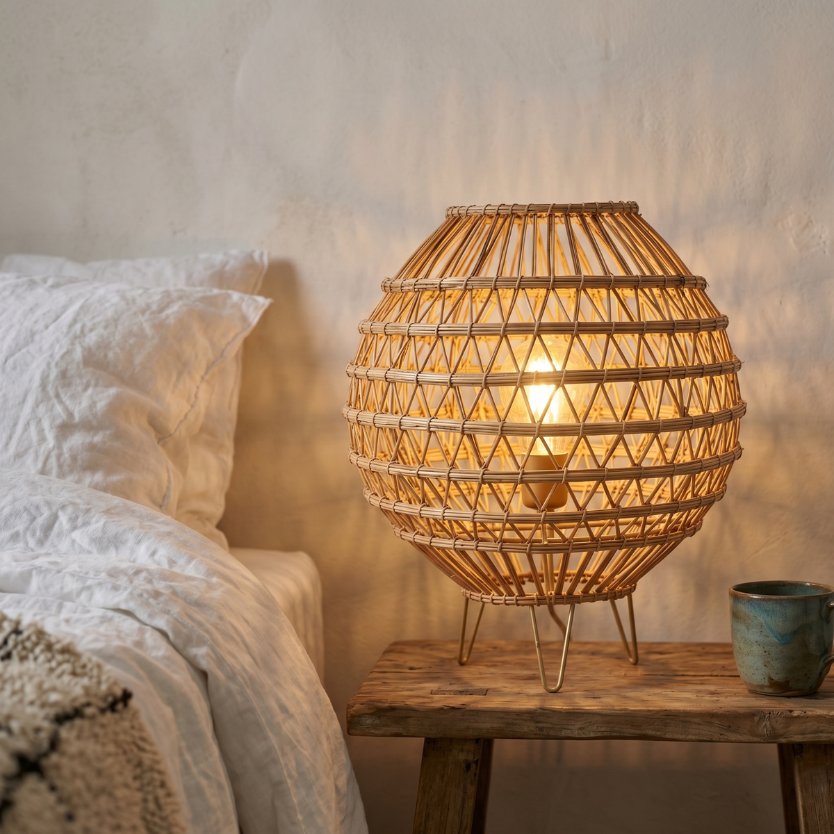 Lampe à Poser Palmier Tunisie | Boule Tressée Bohème | Fiolla Home