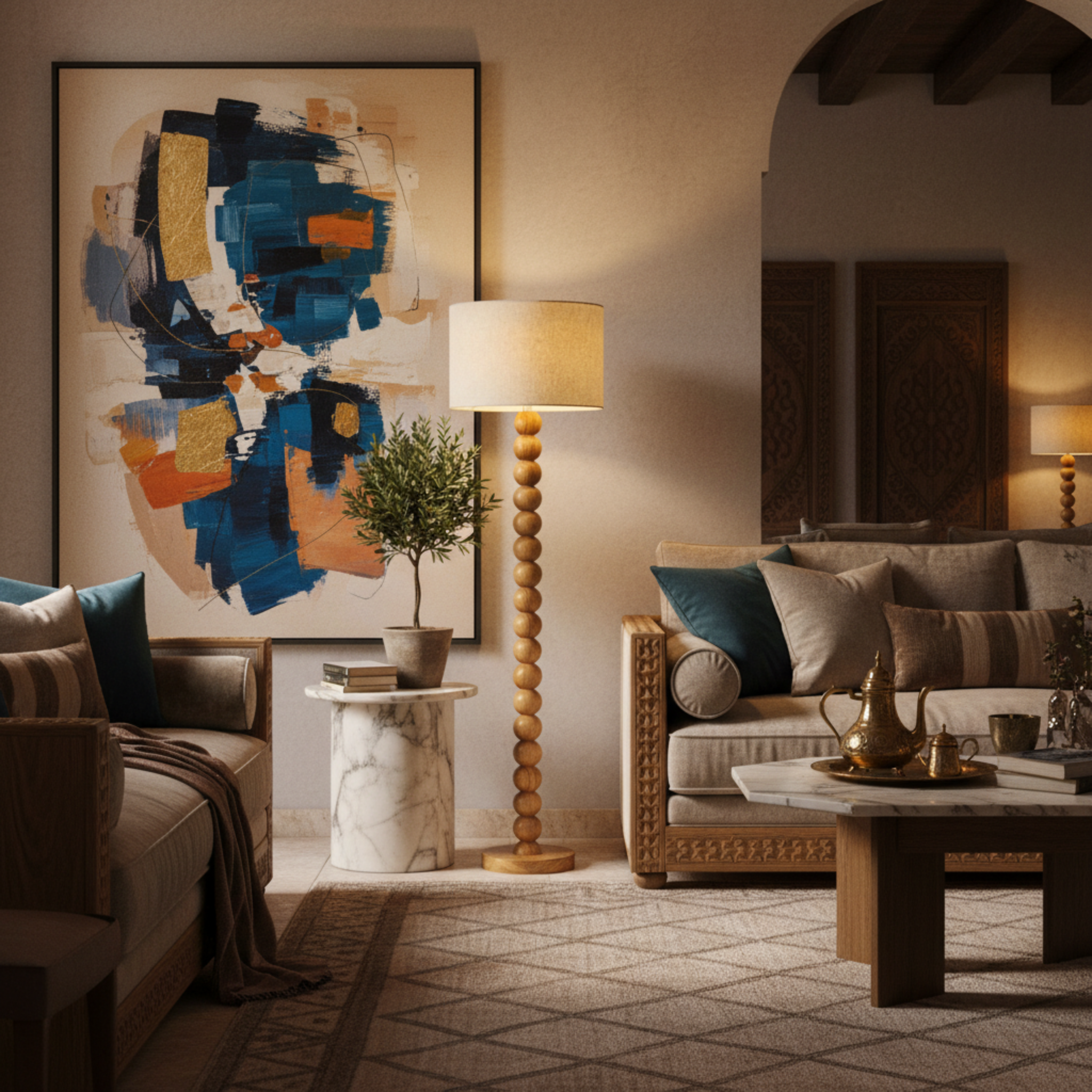 Lampadaire Artisanal en Bois Rouge – Sculpture Fait Main Luxe Tunisie