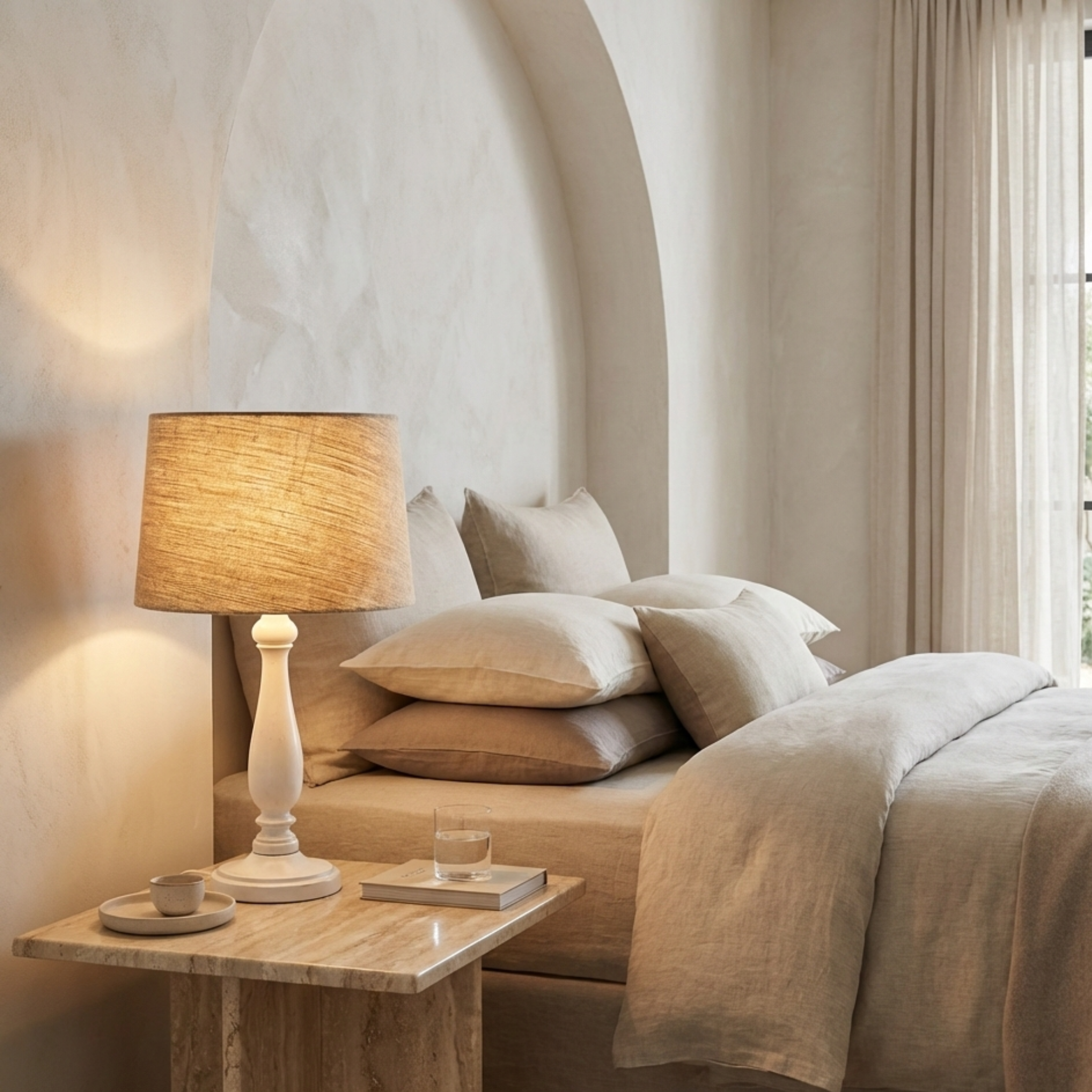 Lampe de Table Artisanale en Bois Tourné & Lin – Design Chic Tunisie