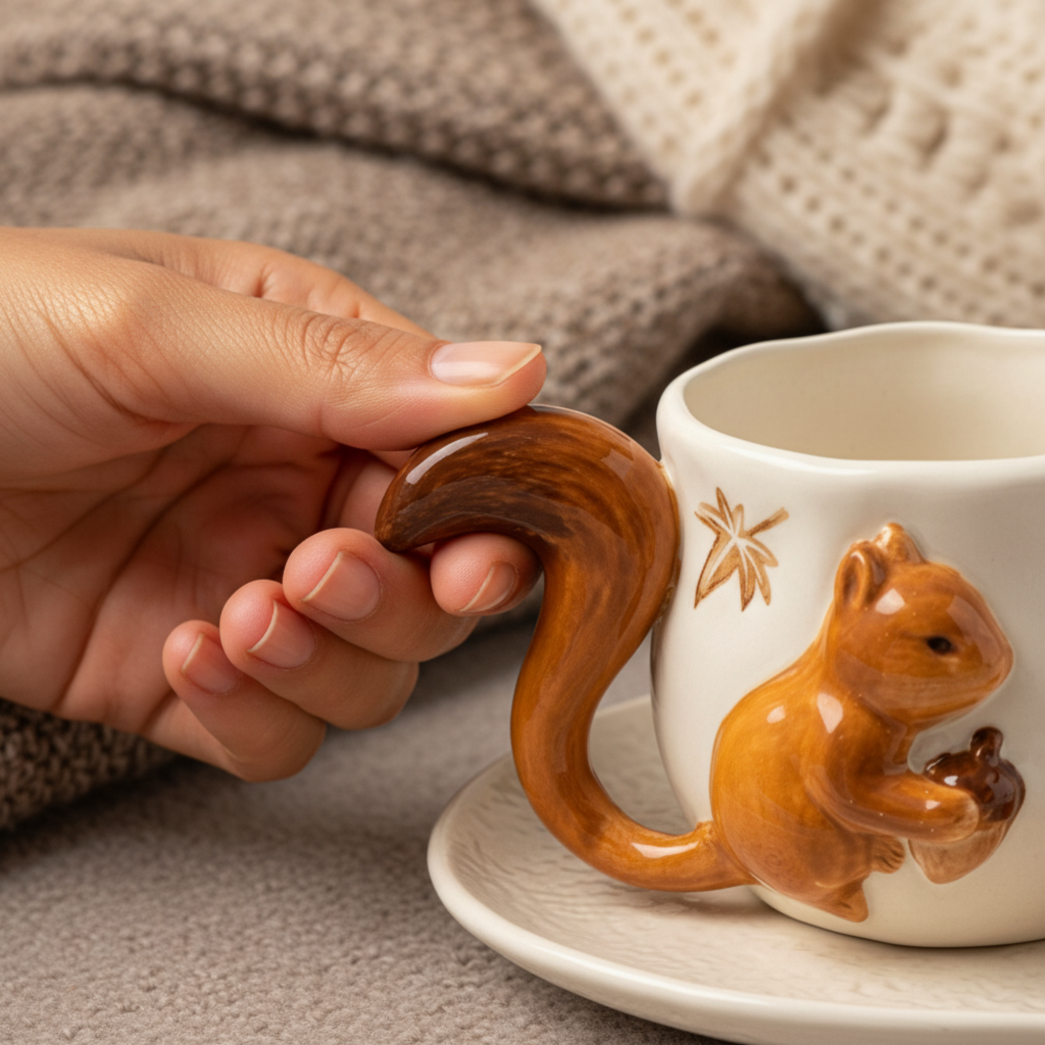 Mug Écureuil en Céramique – Poignée Queue 3D, Style Bois & Cosy Tunisie