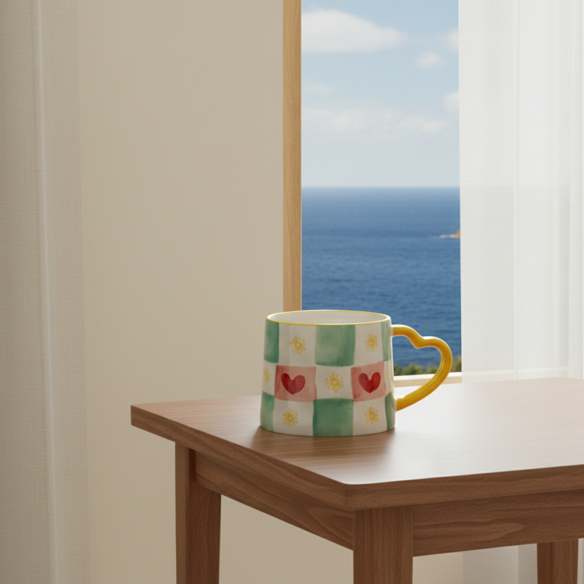 Mug Damier Vert et Cœurs | Anse Jaune en Forme de Cœur