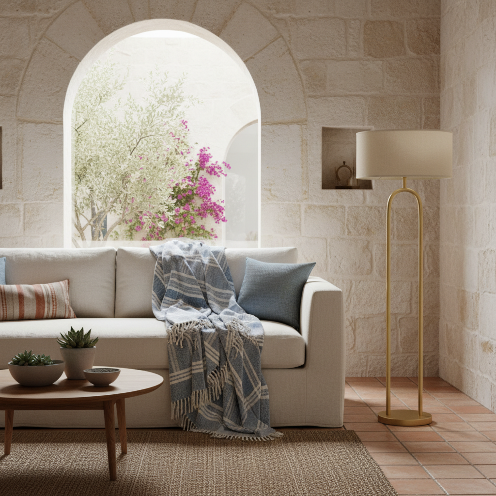 Lampadaire Design Arceau Doré – Élégance Moderne & Abat-jour Beige