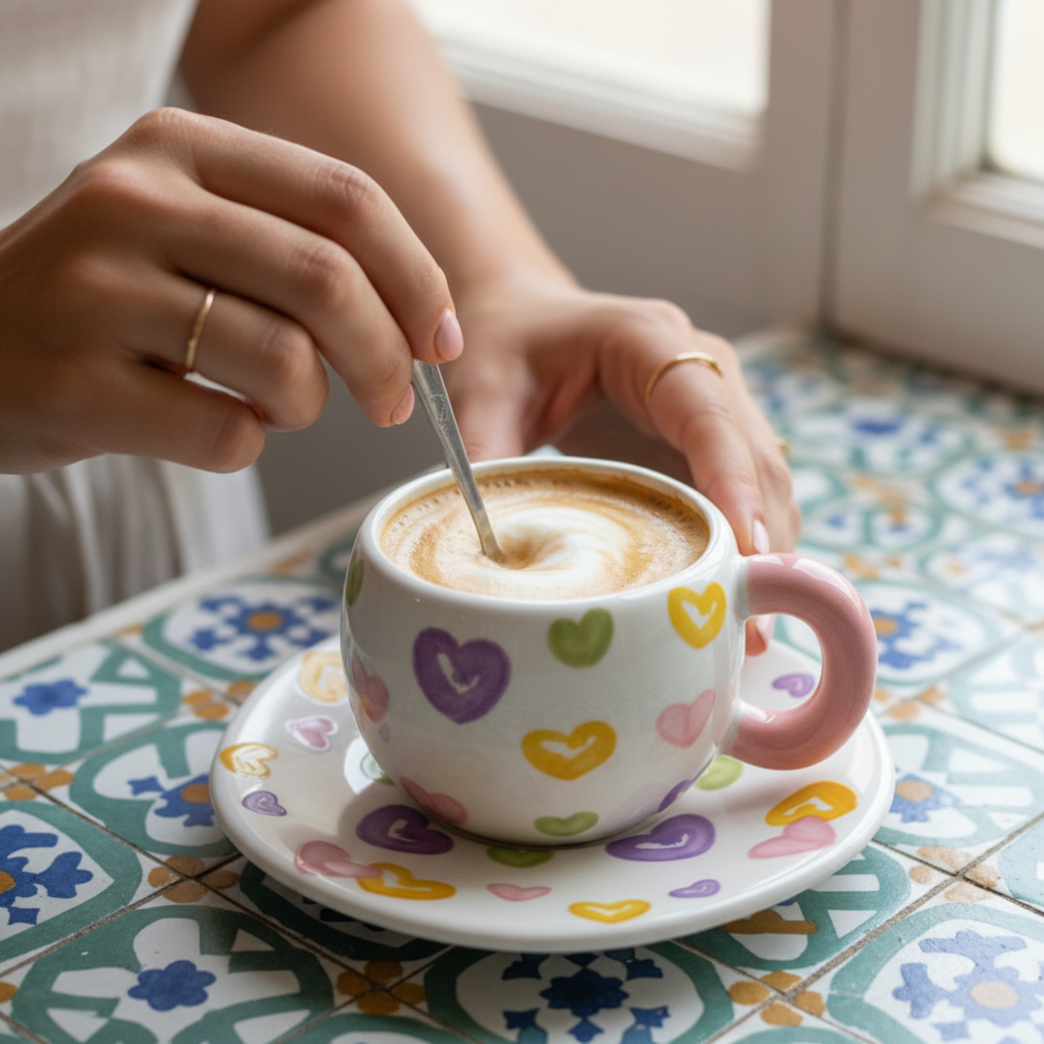 Duo Tasse & Soucoupe "Love Hearts" – Céramique Tendance & Colorée