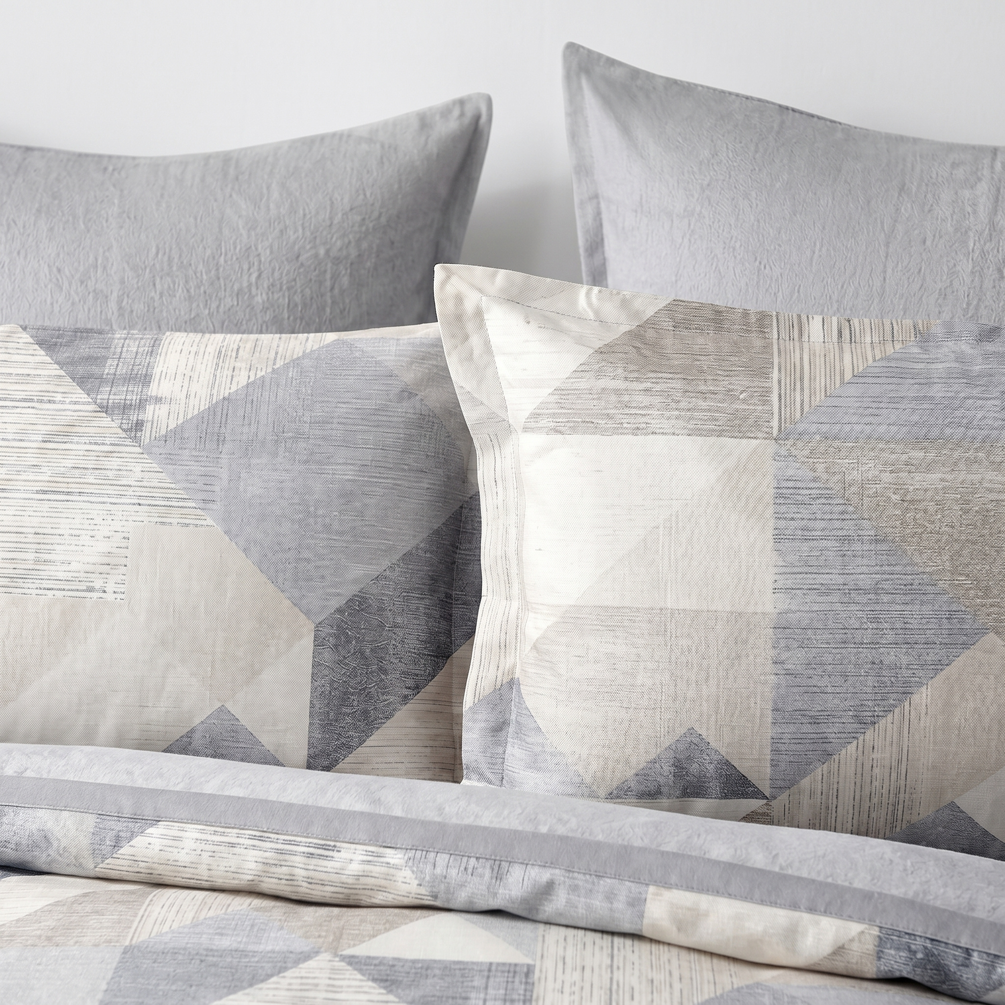 Ensemble Parure de Lit Satin Coton Motif Triangles Bleu Gris | Fiolla Home
