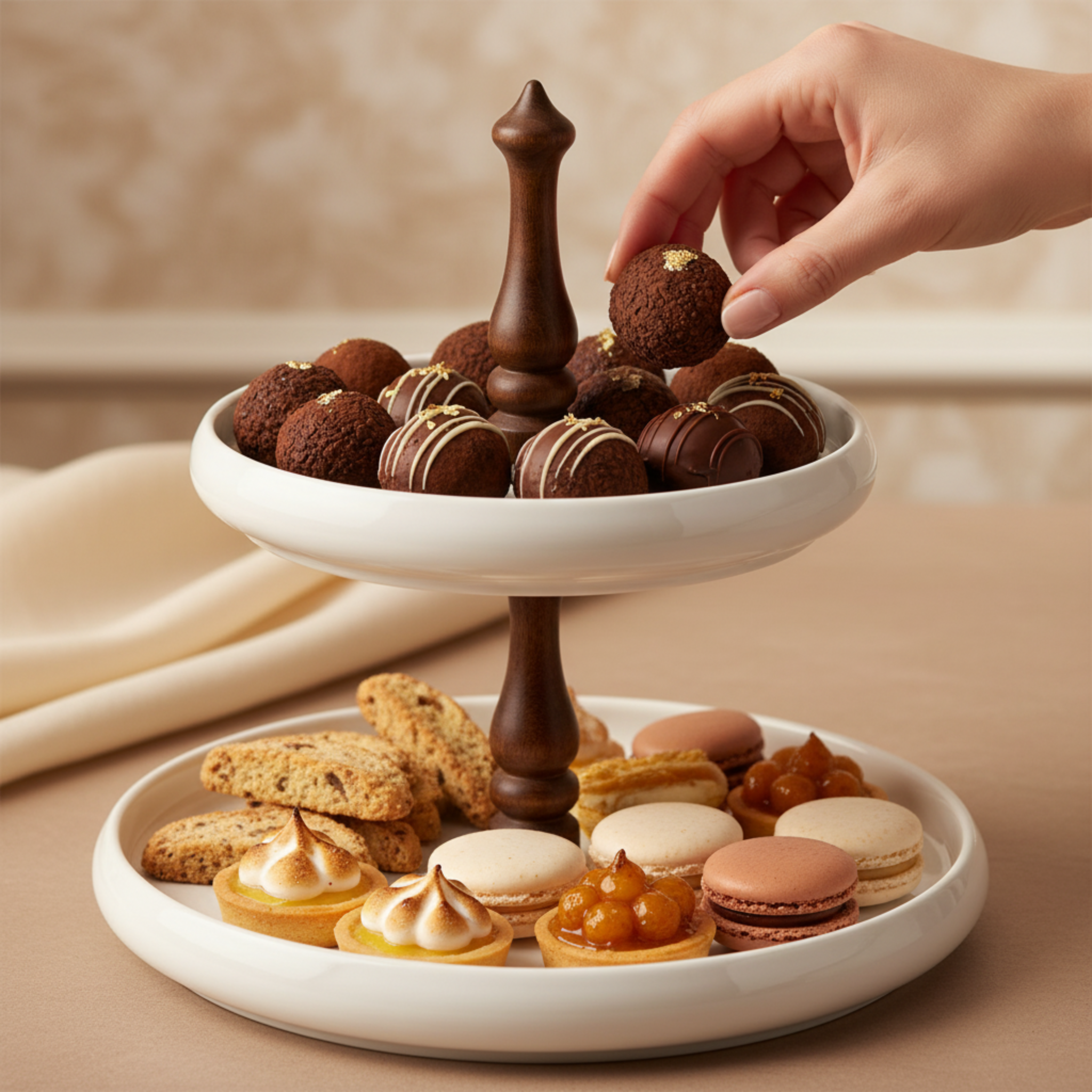 Serviteur 2 Étages Design en Céramique & Bois – Présentoir Chic