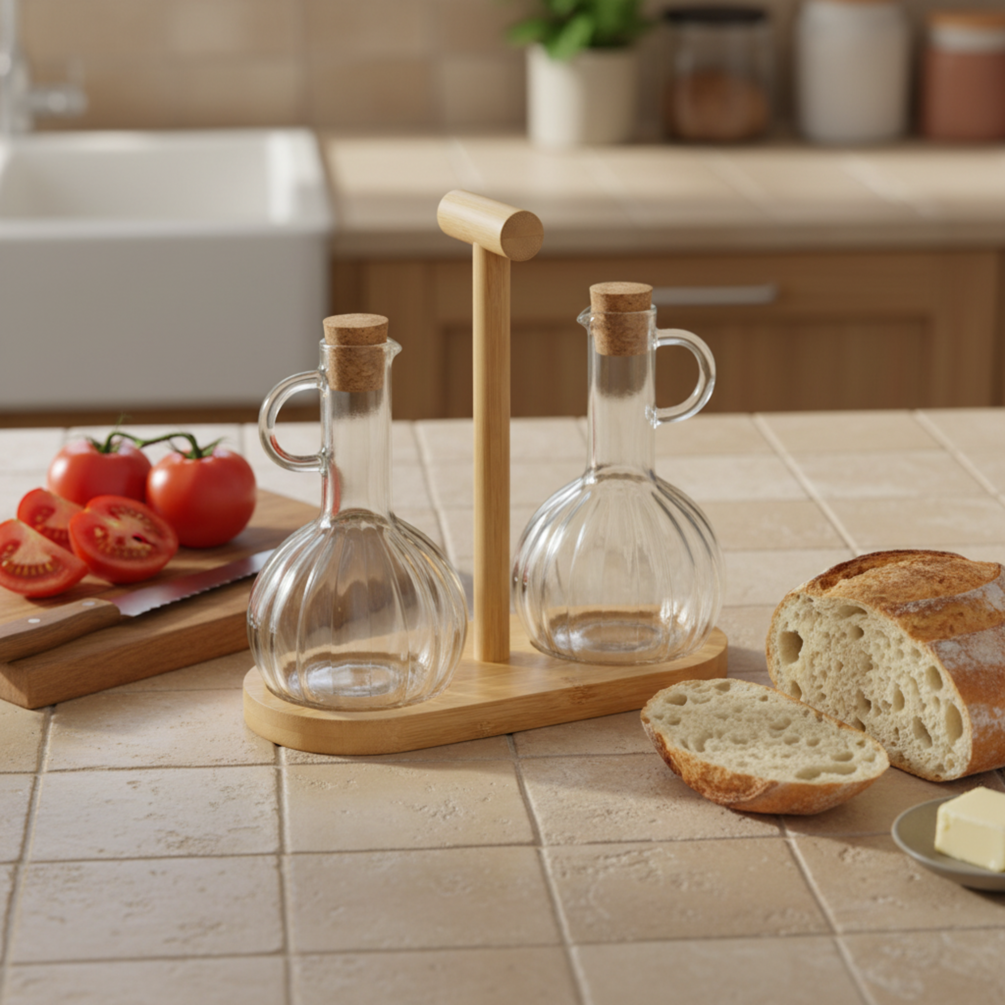 Duo Huilier & Vinaigrier en Verre avec Support Bois – Style Tunisien