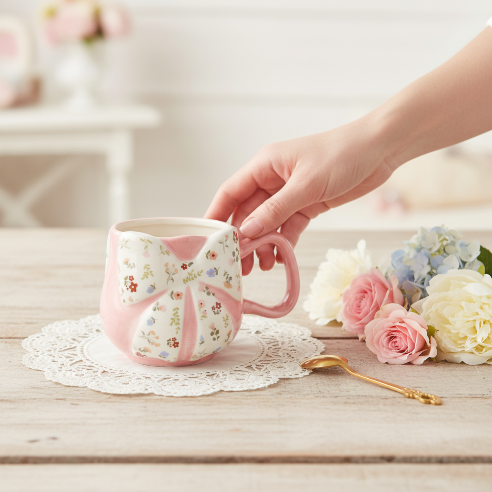 Mug Bow Floral – Tasse Nœud Rose Esthétique & Tendance Coquette