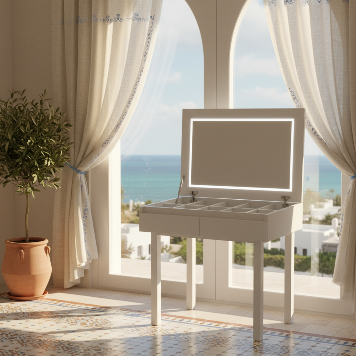 Coiffeuse Bureau 2-en-1 : Miroir LED & Rangement Spacieux - Blanc
