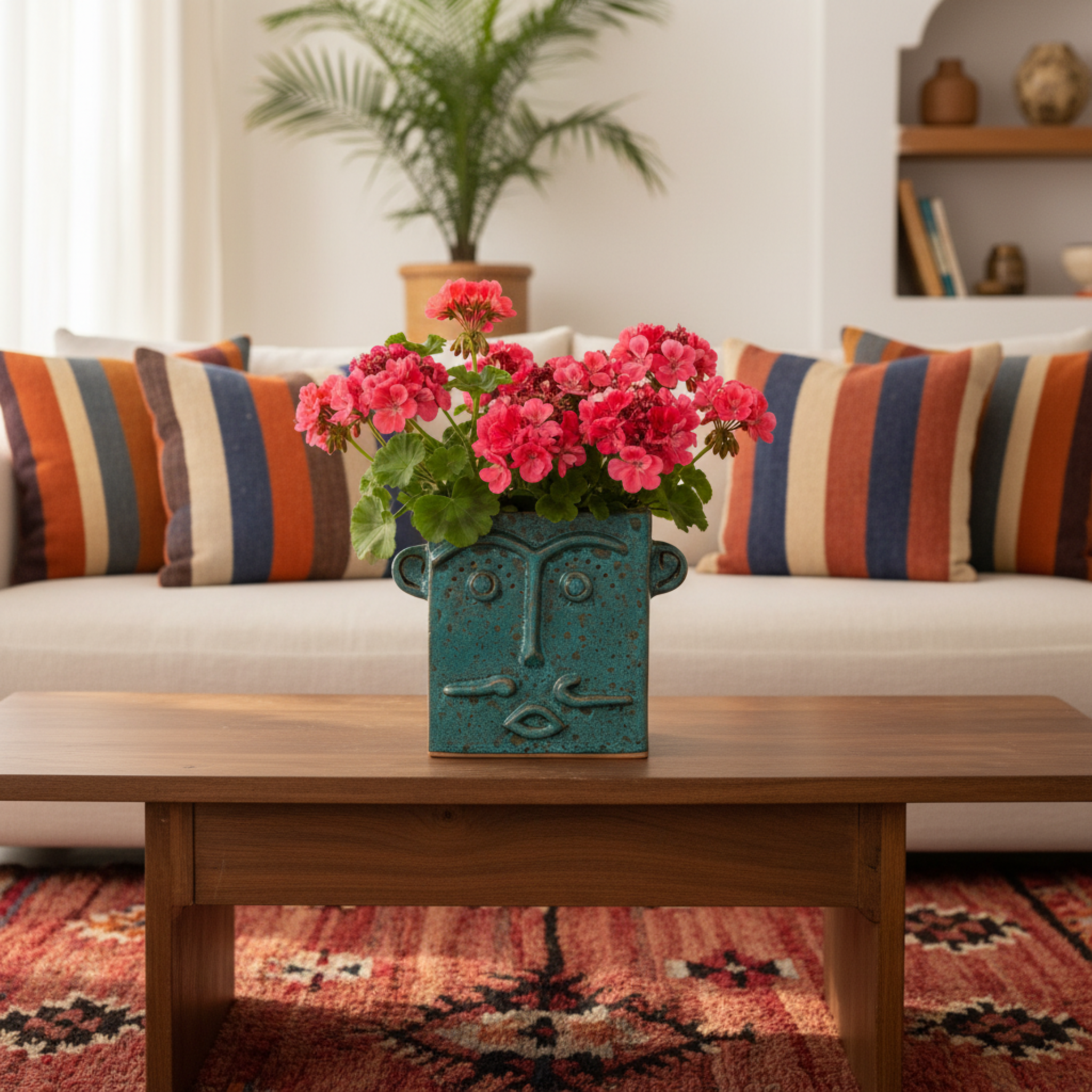 Vase Visage Carré en Céramique – Émail Émeraude Tunisien