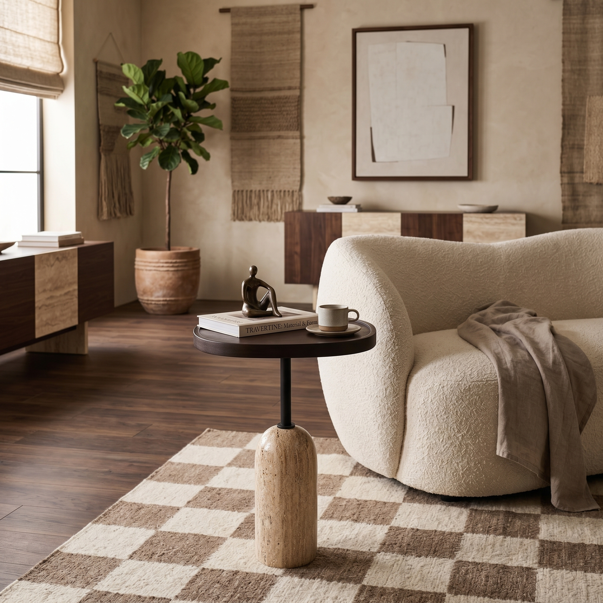 Table d'Appoint Ronde Travertin & Bois | Design | Fiolla Home