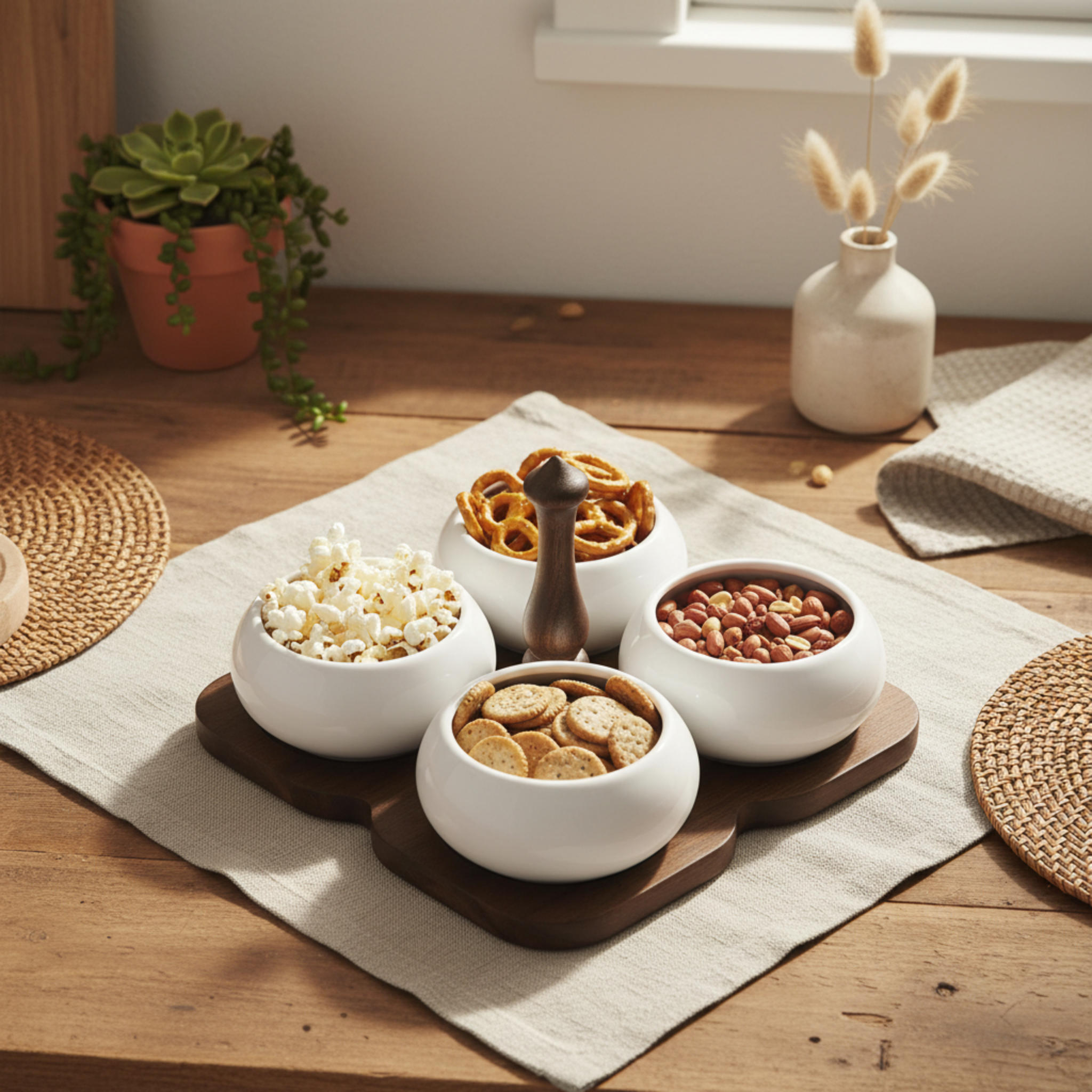 Service Apéritif 4 Bols Céramique & Plateau Bois – Design Élégant