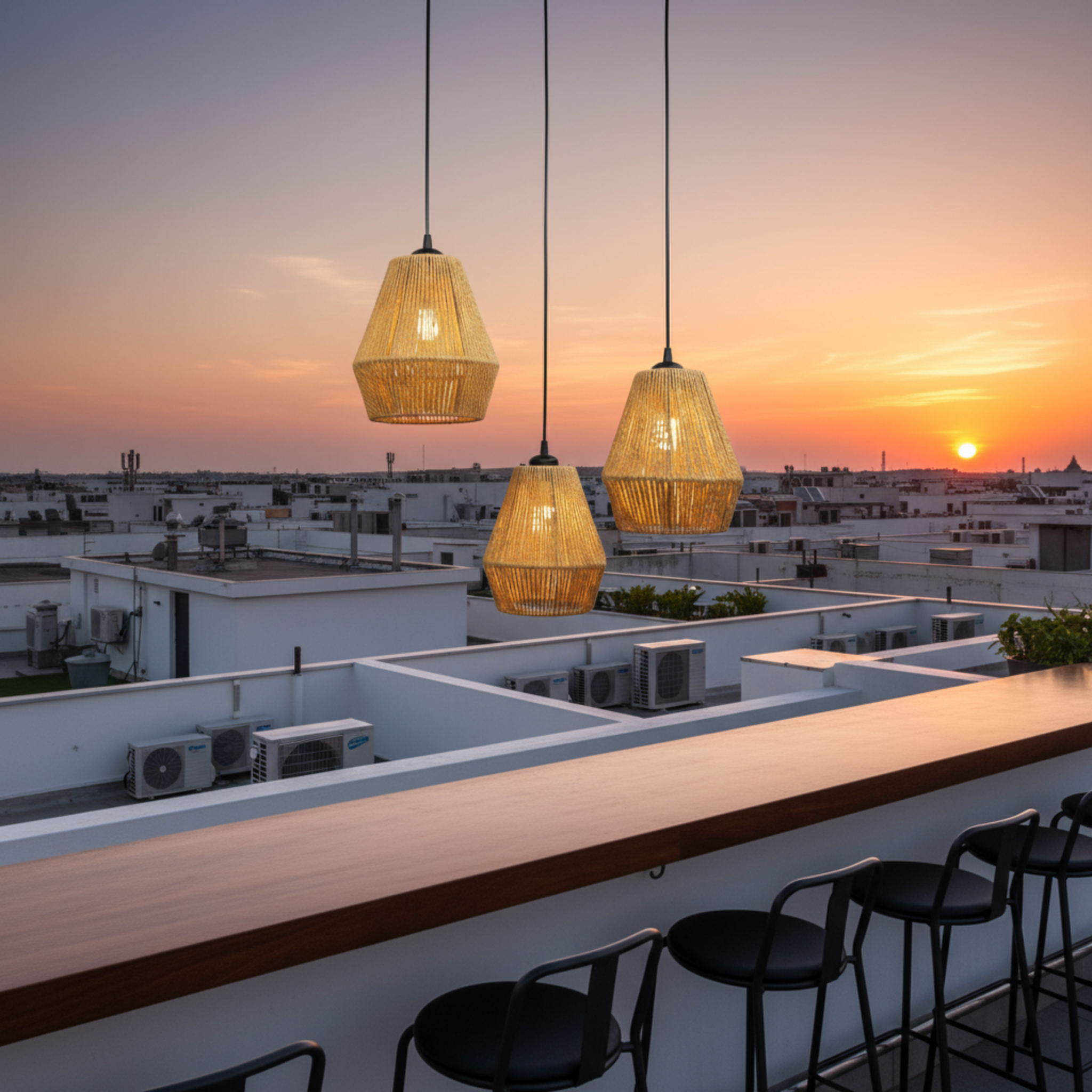 Suspension Barre 3 Lampes "Trio" – Lustre en Jute Tressé pour Îlot