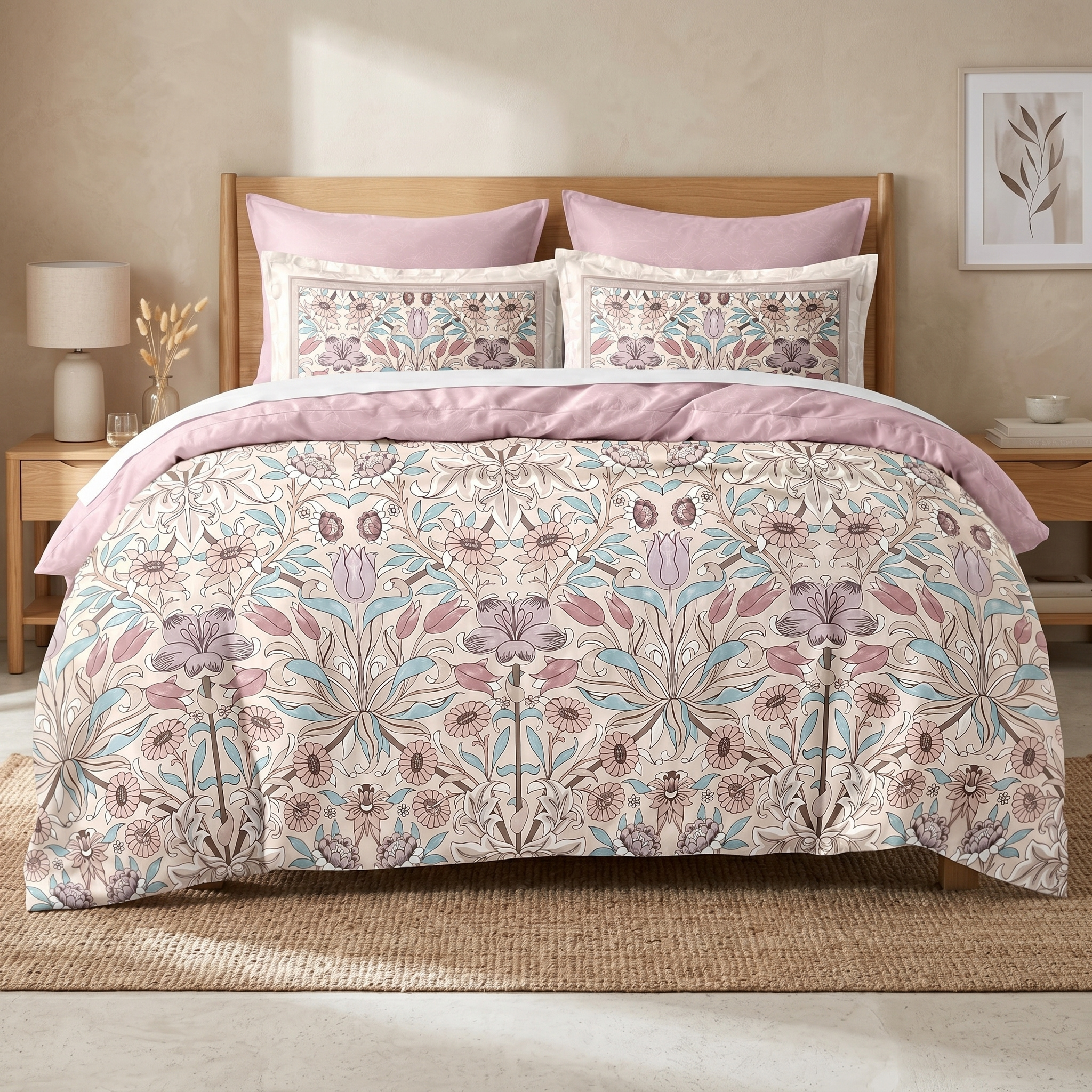 Ensemble Parure de Lit Satin Coton Motif Floral Vintage Rose | Fiolla Home