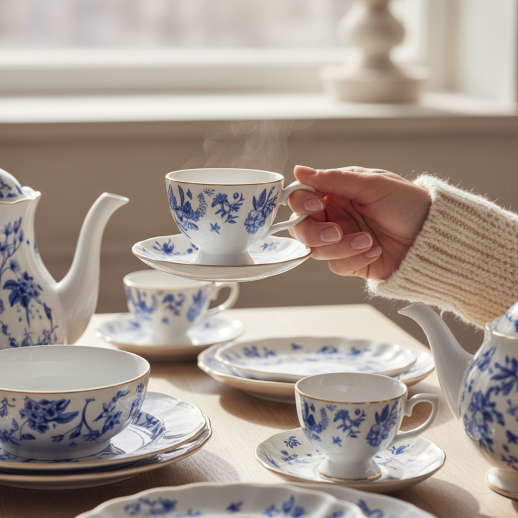 Service Petit Déjeuner 29 Pièces – Porcelaine Bleue & Dorure