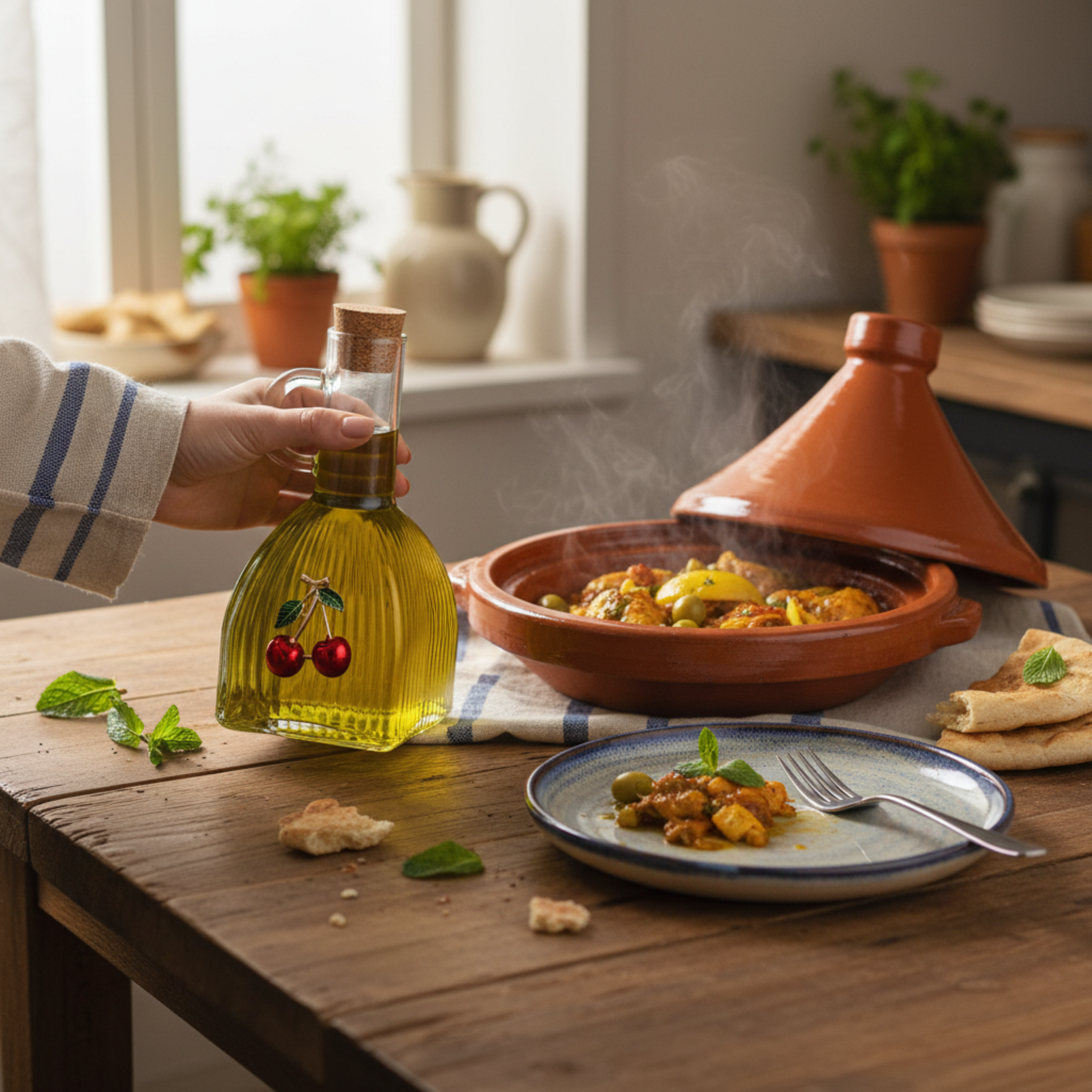 Huilier en Verre Côtelé Motif Cerises - Design Élégant Tunisie