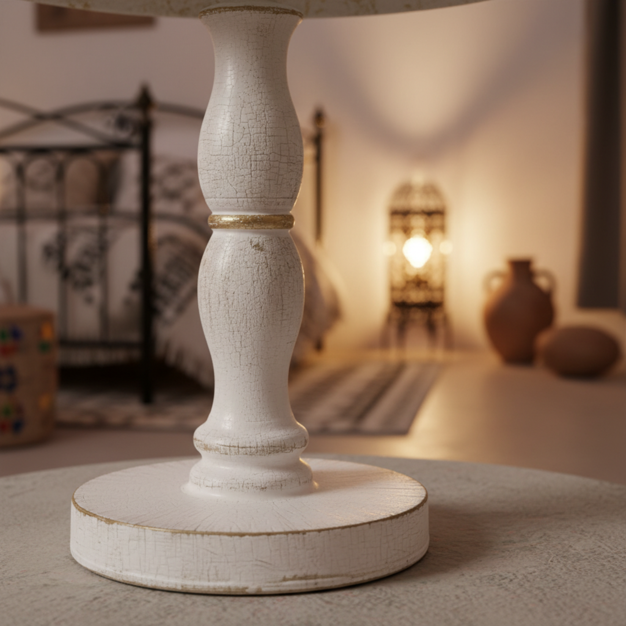 Lampe en Bois Tourné Artisanal – Finition Craquelée Or & Blanc (Pièce Unique)