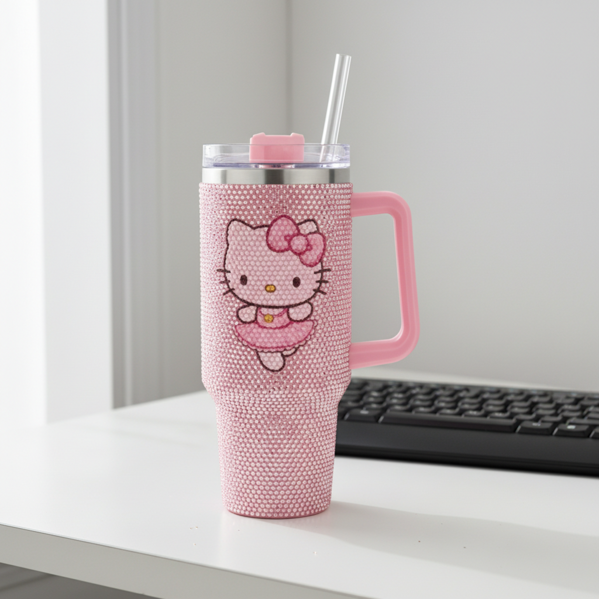 Thermos Hello Kitty Rose avec Paille – Strass Brillant
