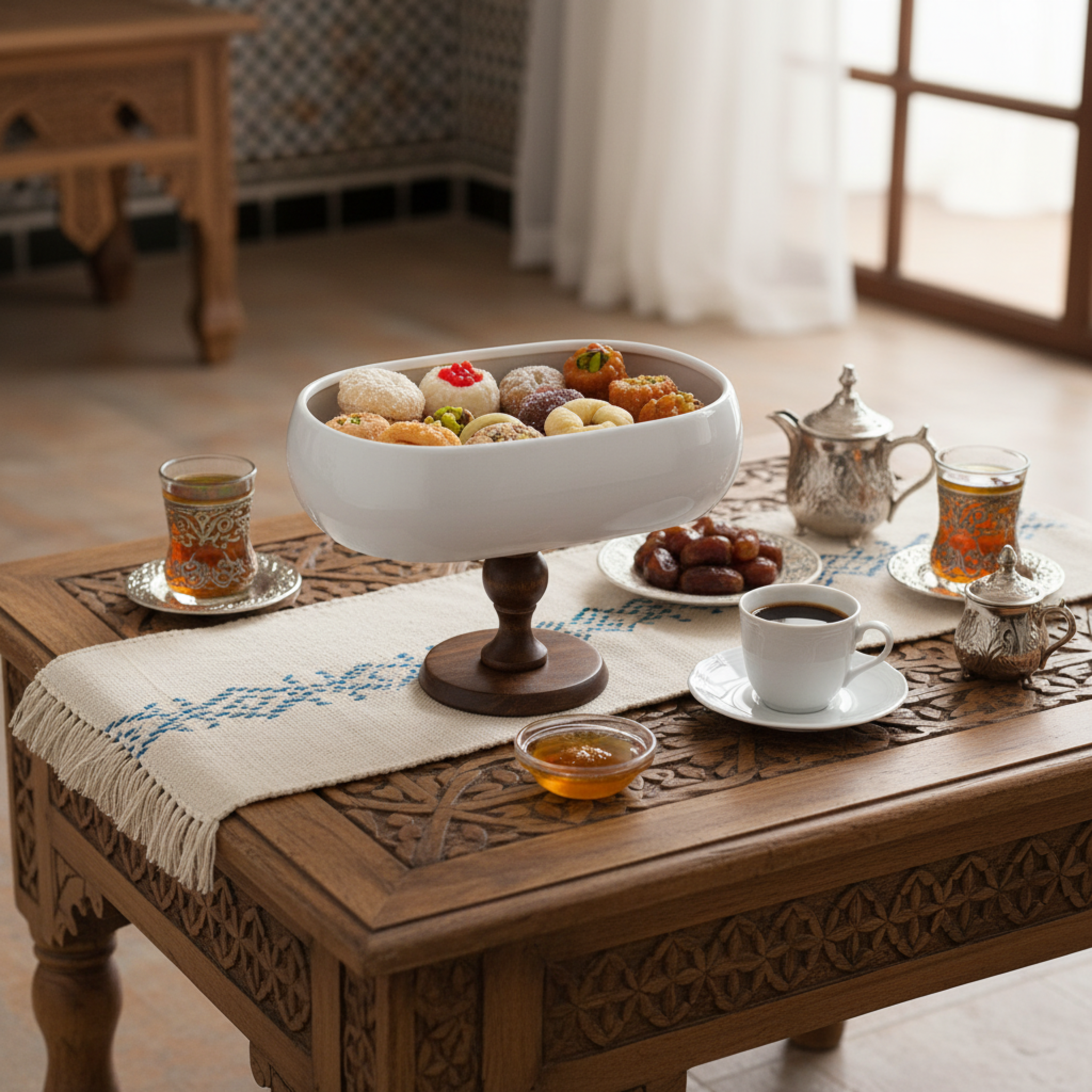 Coupe sur Pied Design – Présentoir Ovale Céramique Blanche & Bois