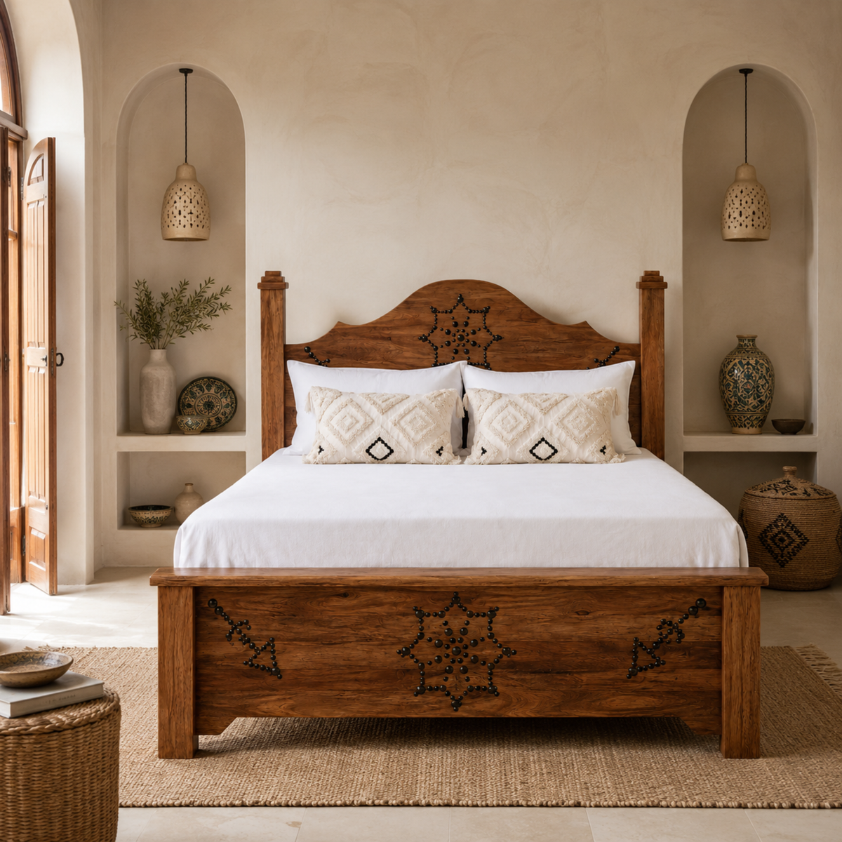 Lit Double Bois Palmier Dattier Clous Forgés 160x190 Tunisie | Fiolla Home