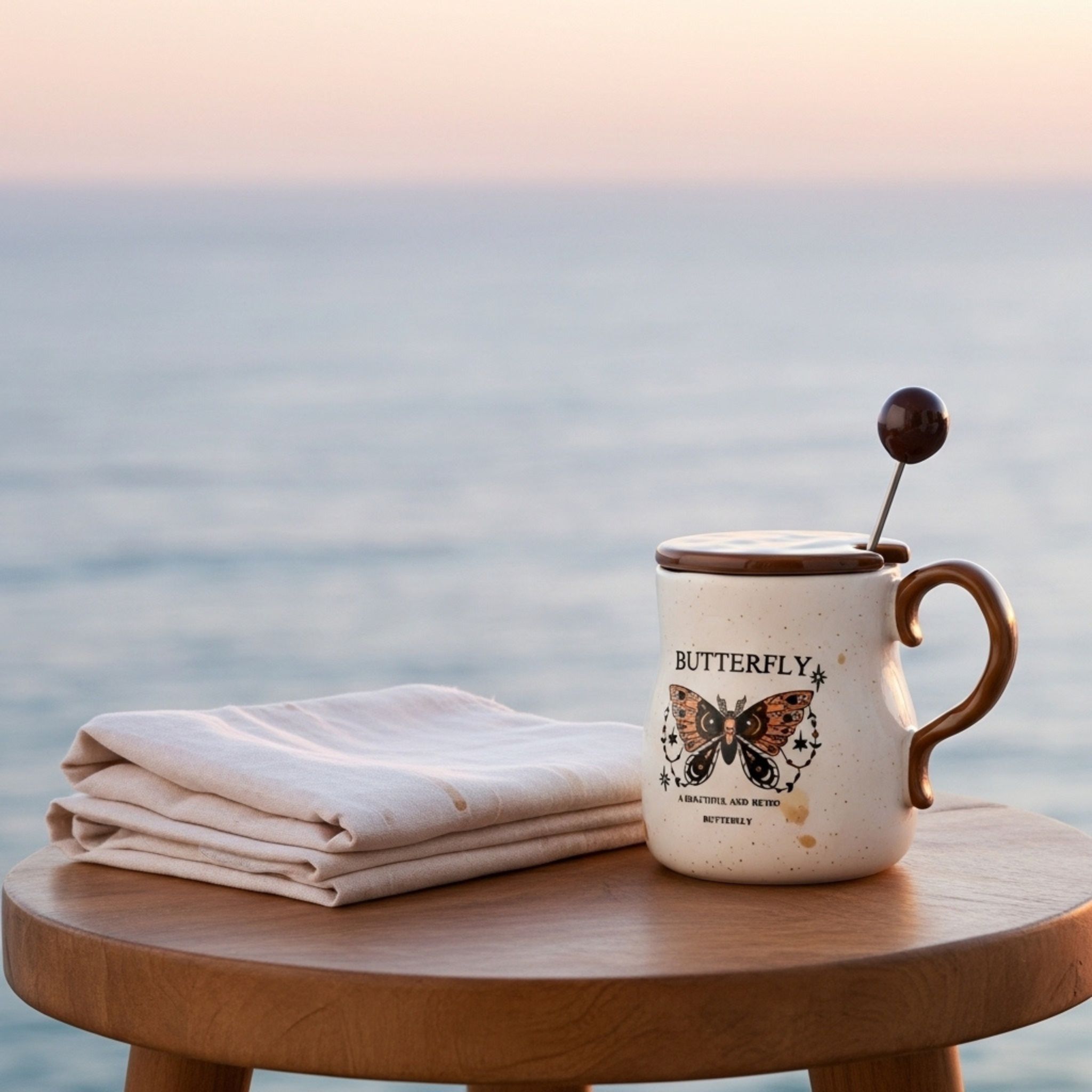 Mug Butterfly Rétro en Céramique – Couvercle & Cuillère