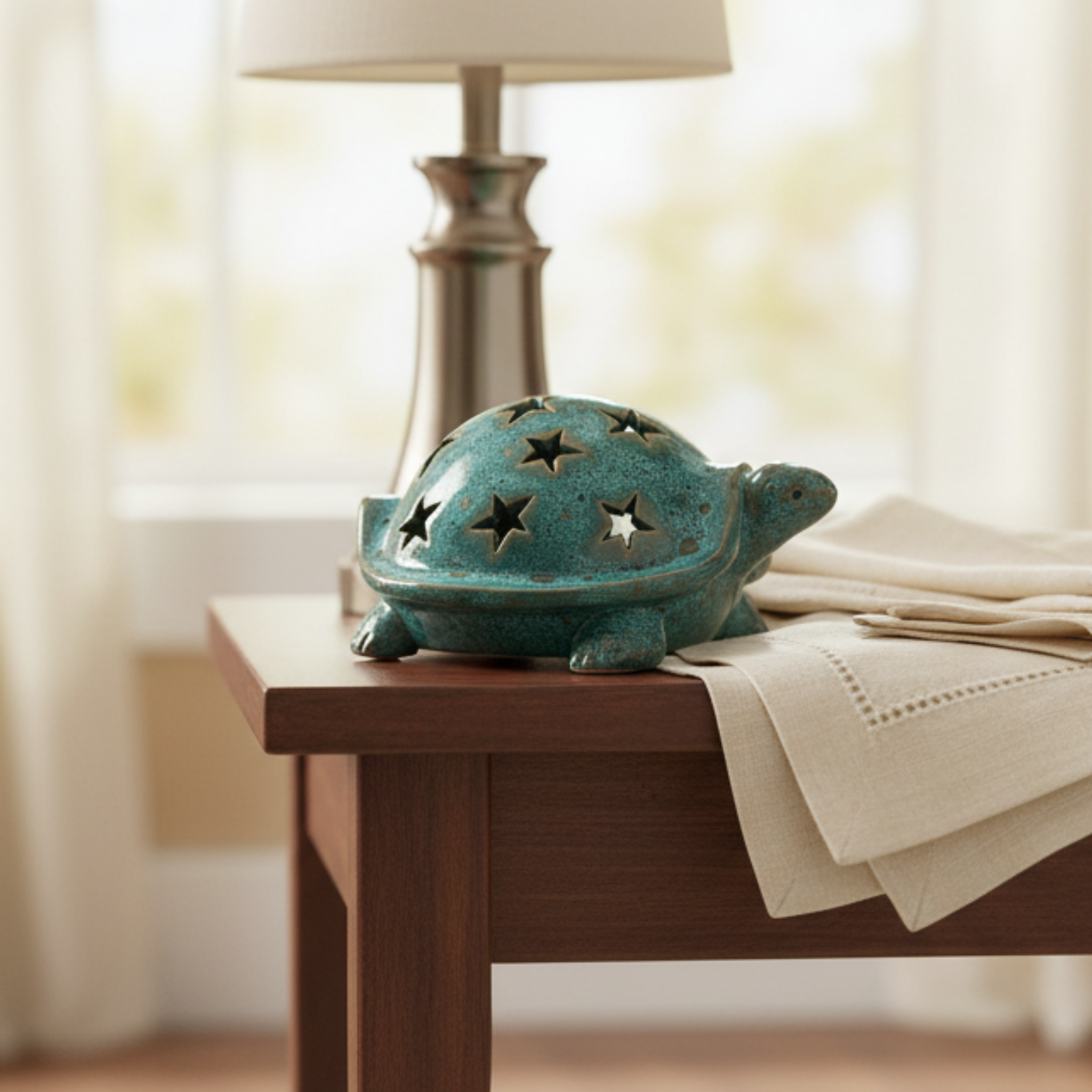 Tortue en céramique émaillée ajourée – Étoiles, style méditerranéen