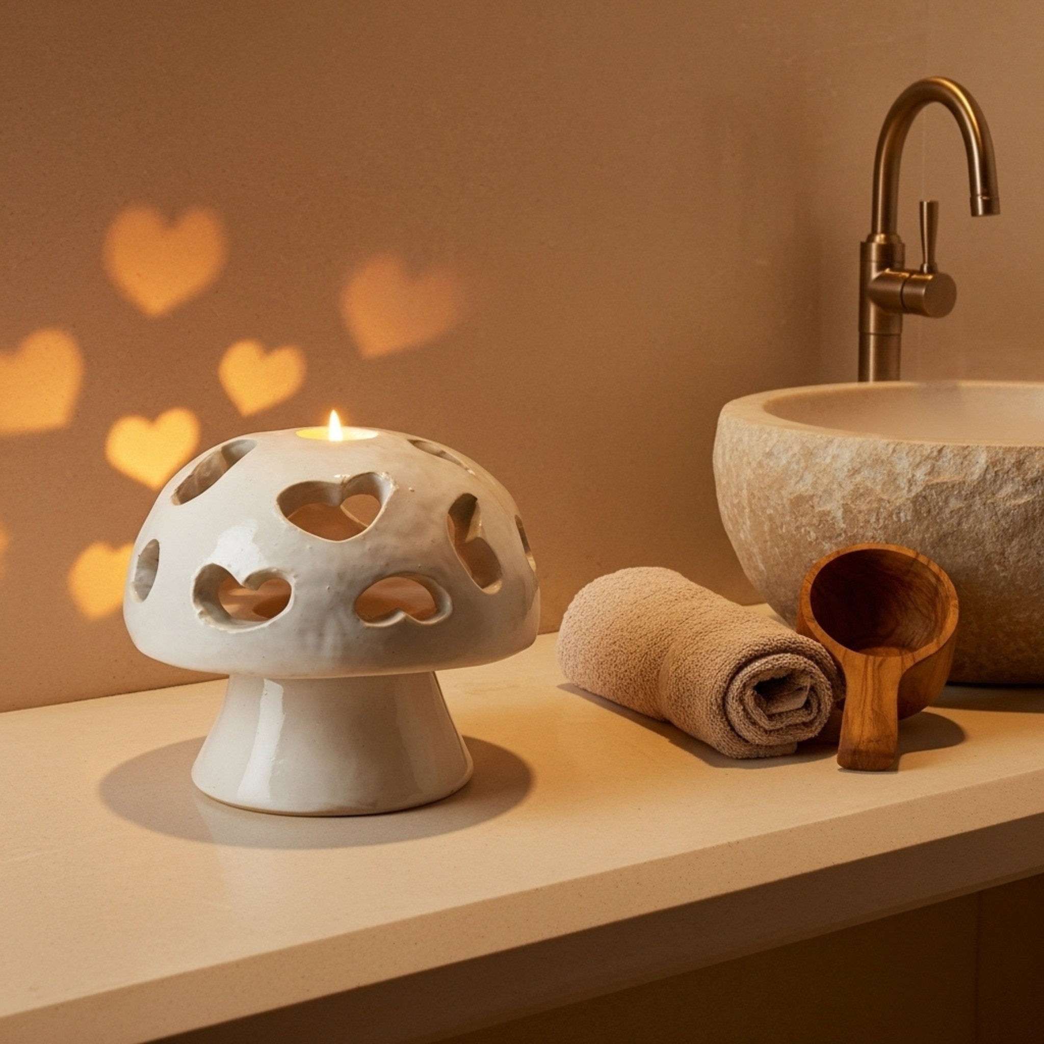 Cache-bougie Champignon à cœurs en céramique