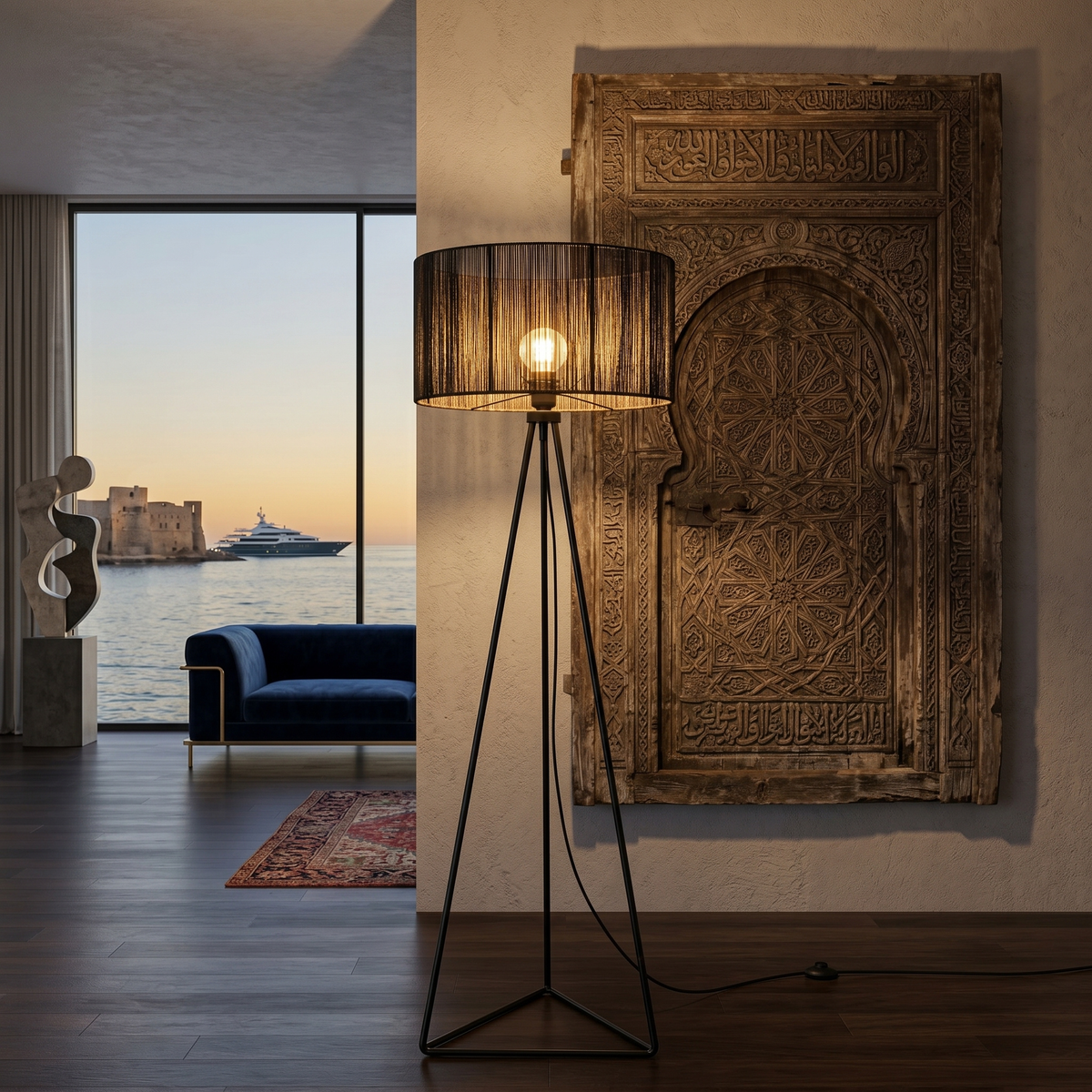Lampadaire Trépied Noir | Abat-jour Fil de Coton | Fiolla Home