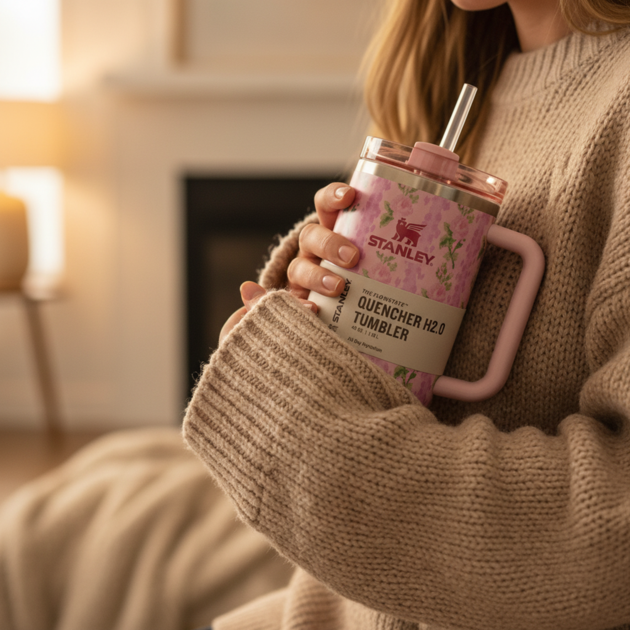 Gobelet Isotherme XXL avec Paille & Poignée - Motif Floral Rose