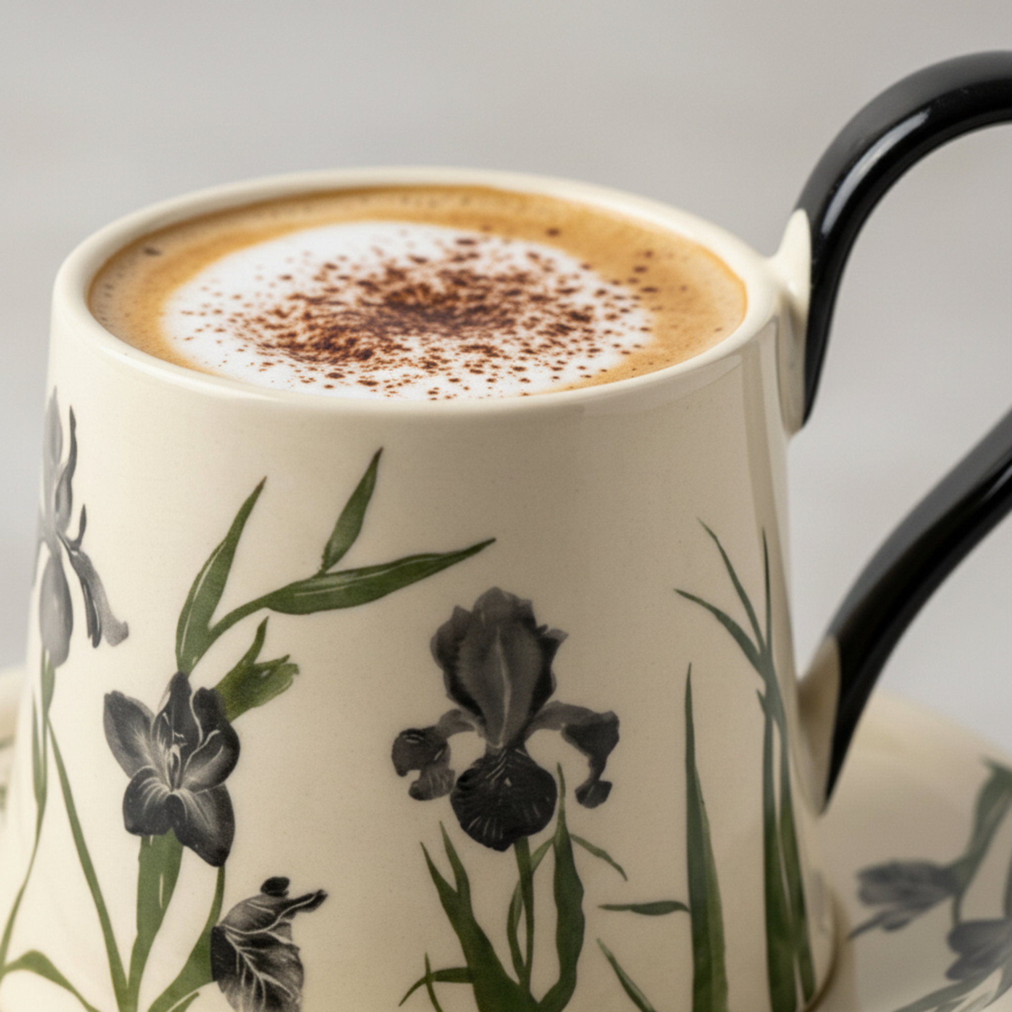 Mug Iris Noir en Céramique avec Sous-Tasse – Élégance Moderne