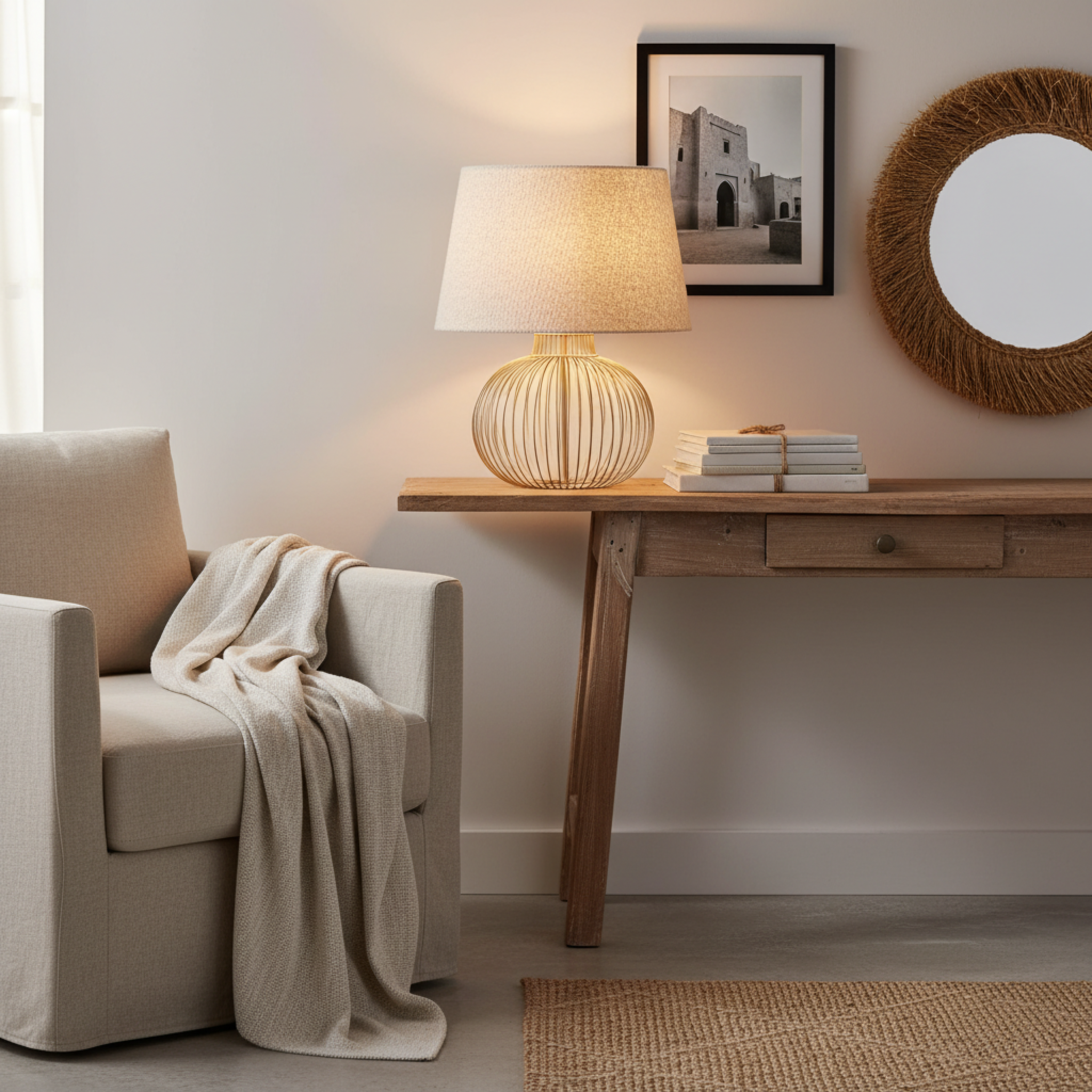 Lampe de Table Grège en Tissu Bouclette et Pied Filaire Design