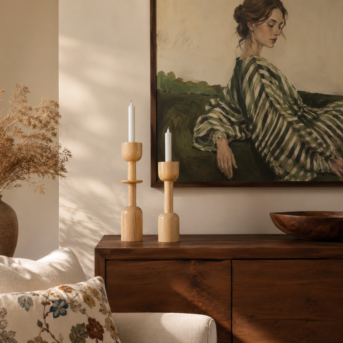 Lot 2 Bougeoirs Bois Tunisie | Porte-Bougies Clair Artisanal | Fiolla Home