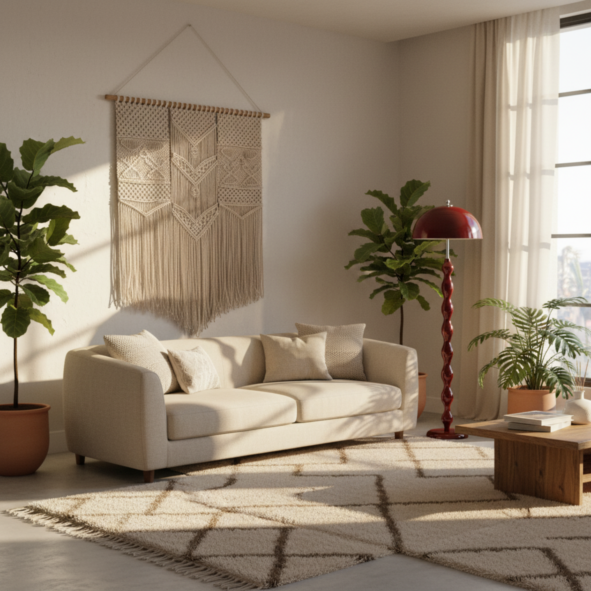 Lampadaire Design "Totem" Rouge Laqué | Luminaire Salon & Décoration Bohème Tunisie