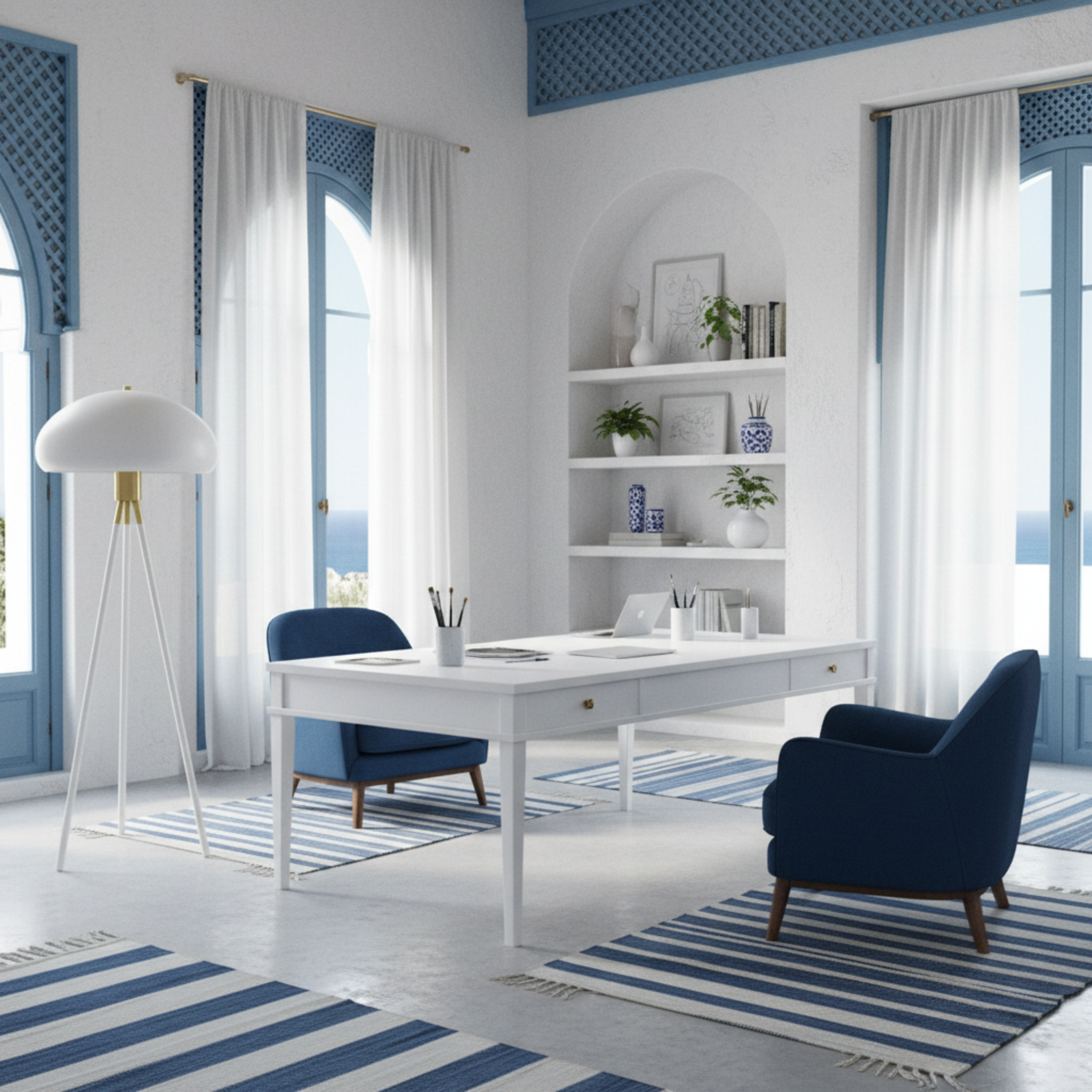 Lampadaire Trépied Design Blanc & Doré – Éclairage Scandi-Chic Tunisie