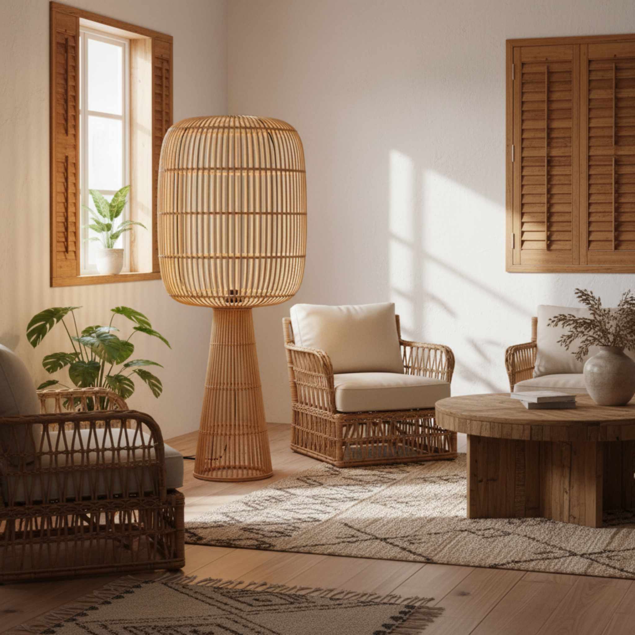 Lampadaire Sur Pied en Rotin Naturel – Design Bohème & Fait Main