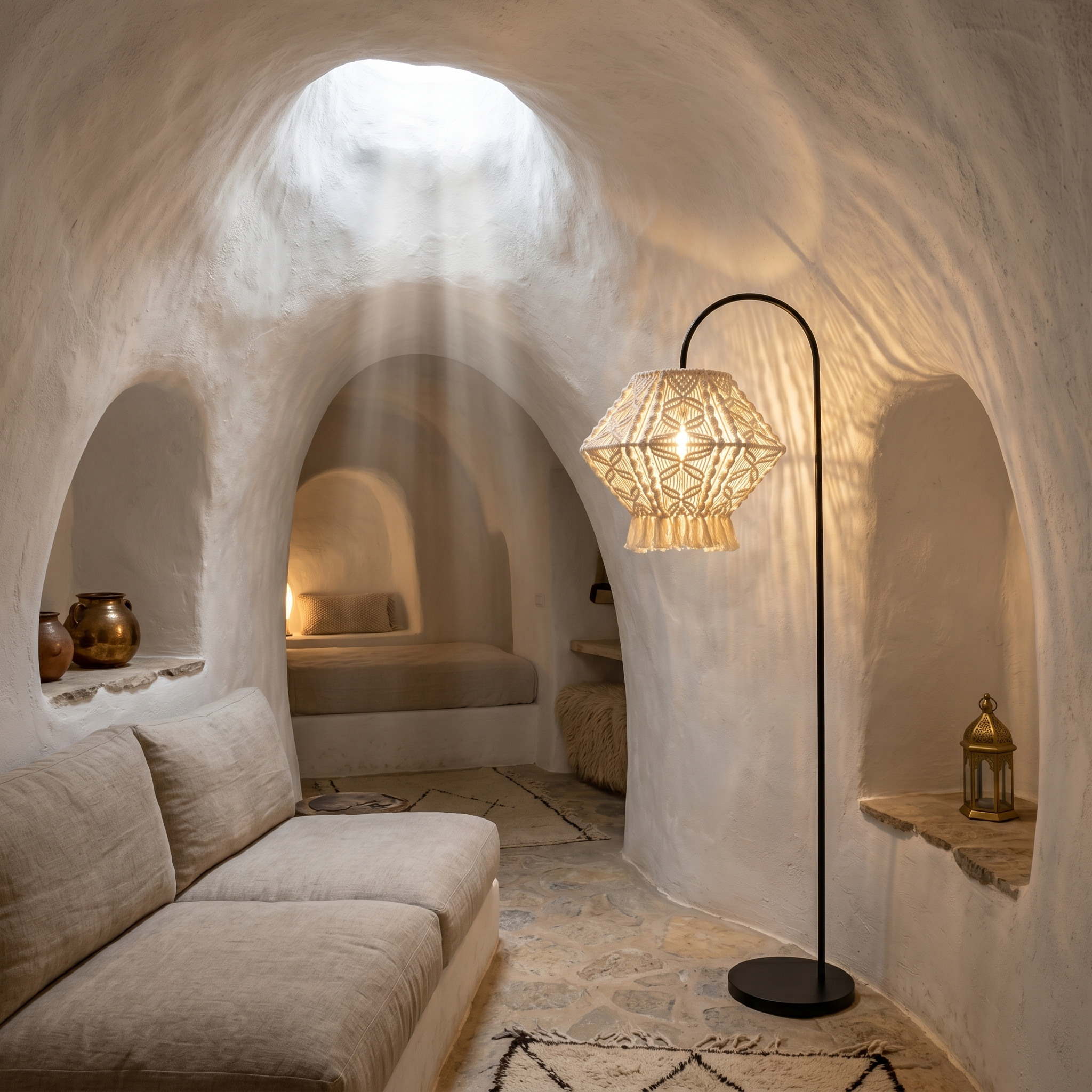 Lampadaire Arc Macramé | Pied Noir Base Ronde | Fiolla Home