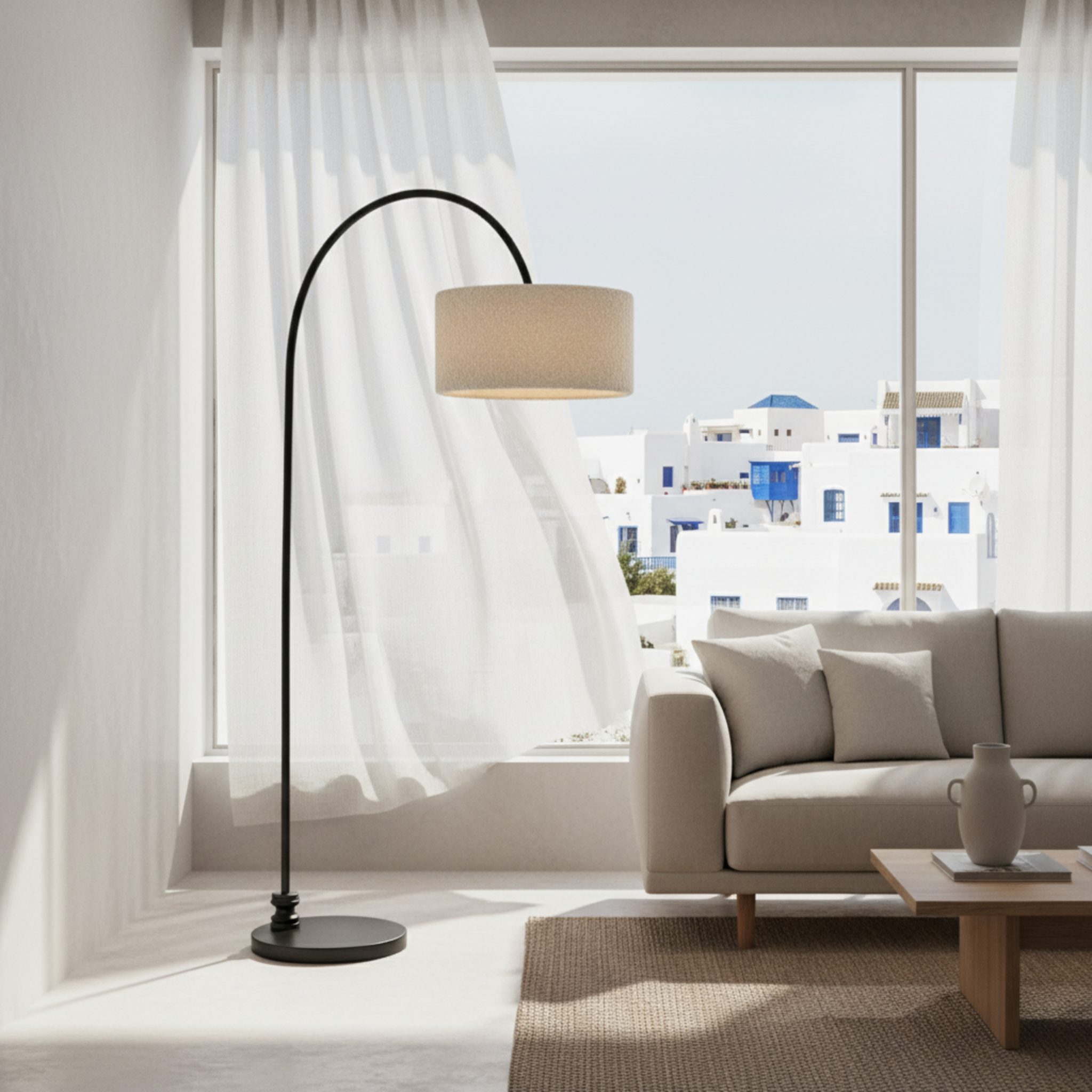 Lampadaire Girafe Design – Arc Métal & Abat-Jour Tissu Bouclette