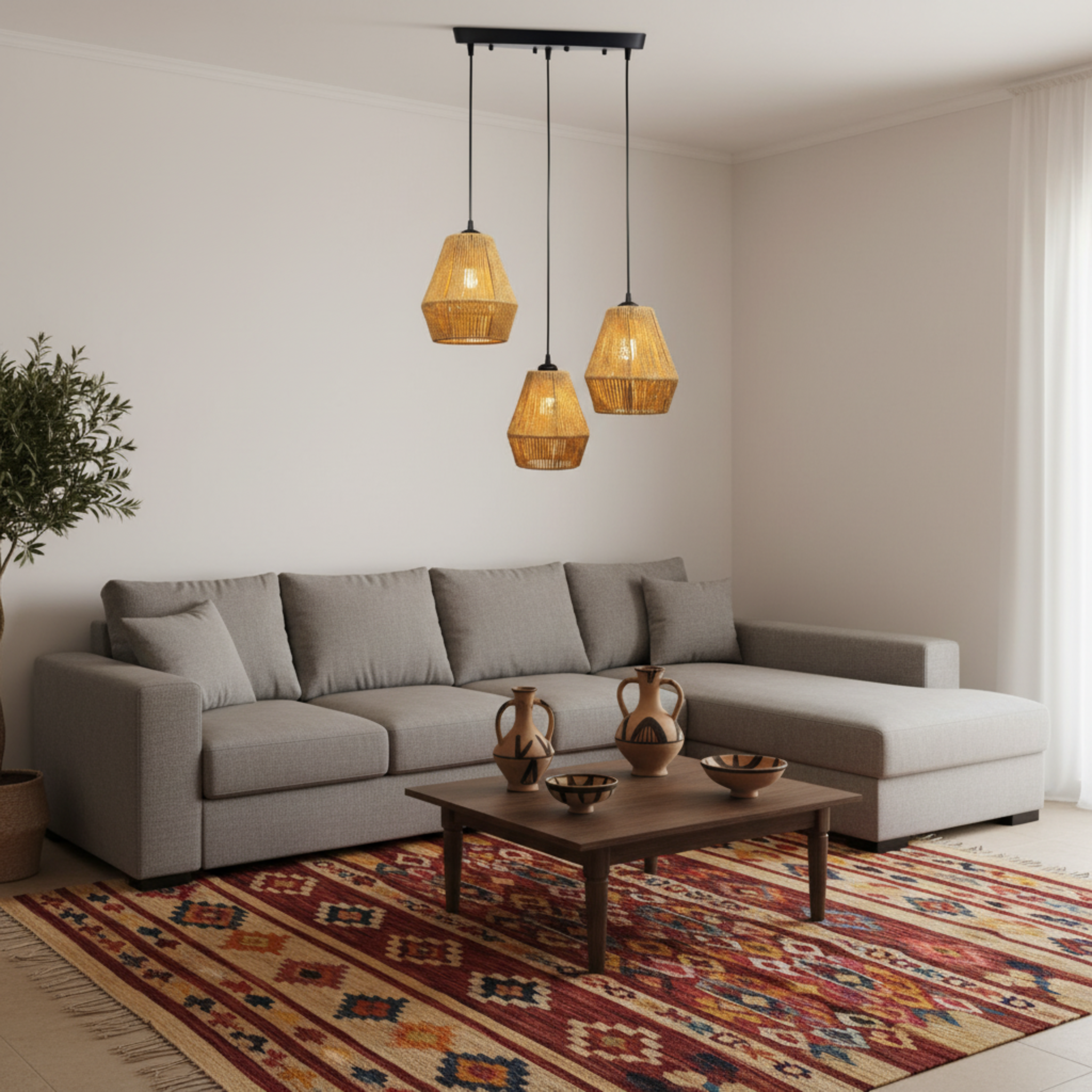 Suspension Barre 3 Lampes "Trio" – Lustre en Jute Tressé pour Îlot