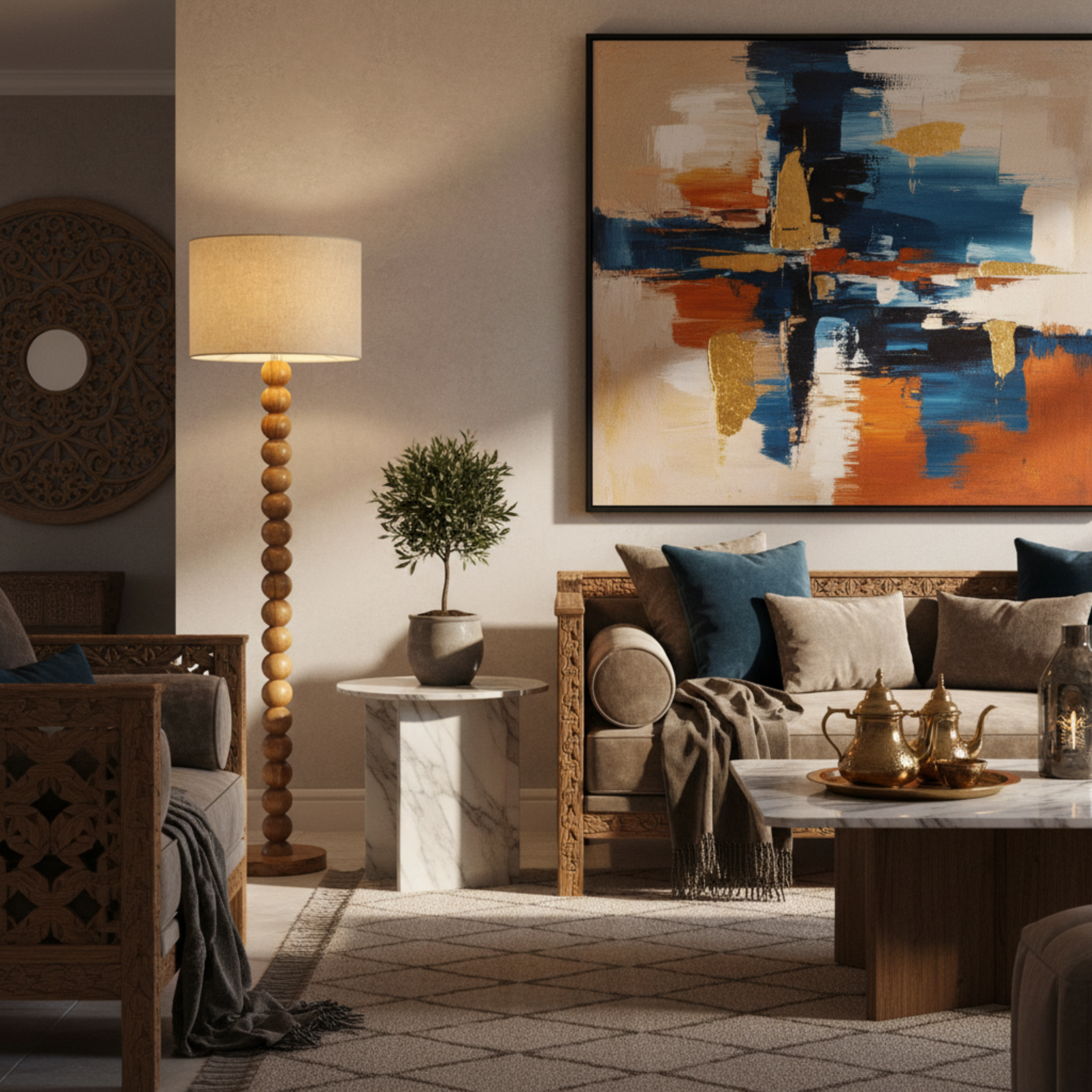 Lampadaire Artisanal en Bois Rouge – Sculpture Fait Main Luxe Tunisie