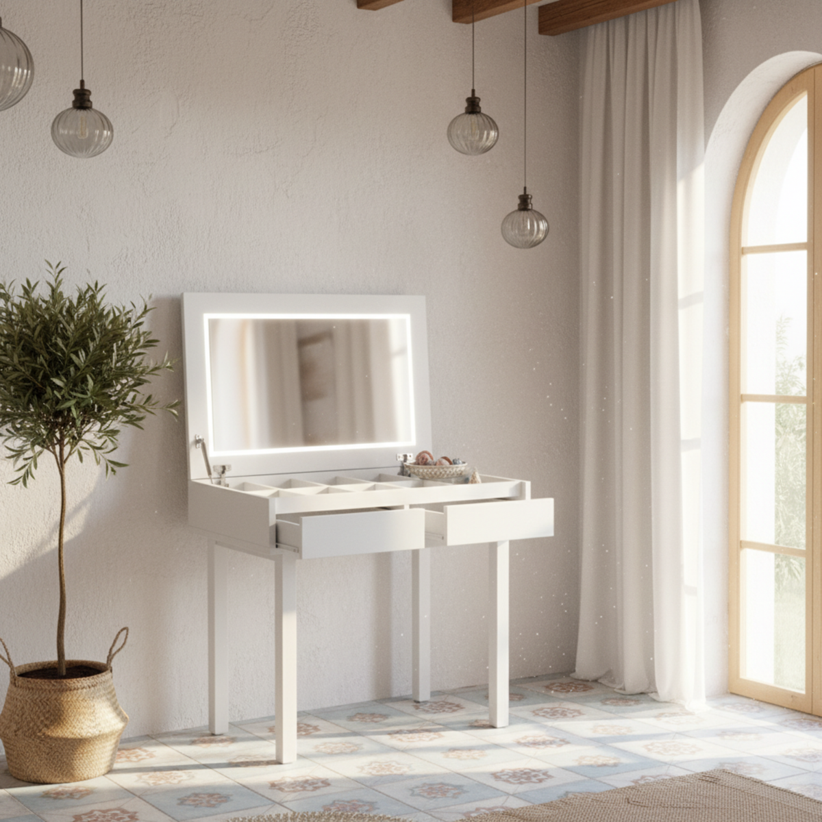 Coiffeuse Bureau 2-en-1 : Miroir LED & Rangement Spacieux - Blanc