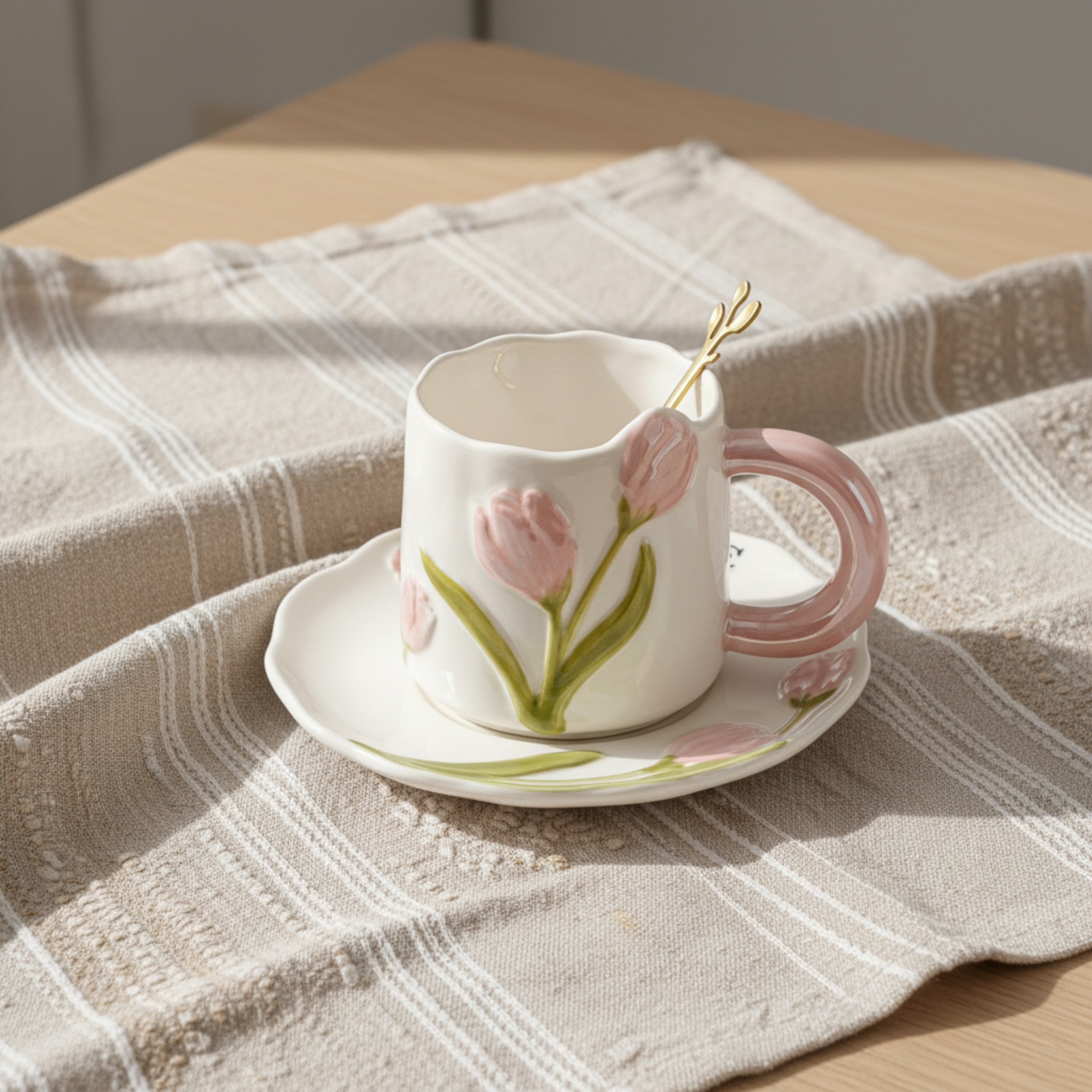 Mug Tulipe Rose en Céramique avec Sous-Tasse – Édition Élégante