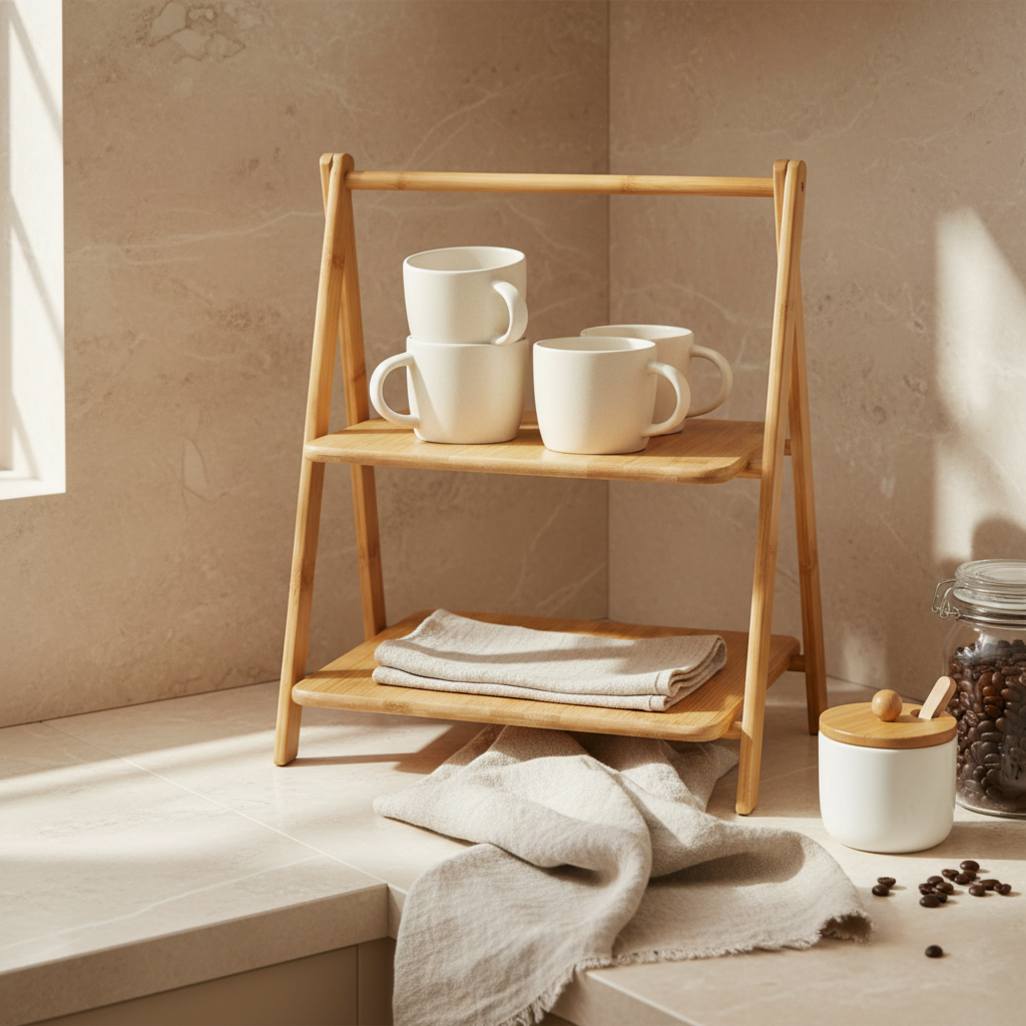 Étagère de Table en Bambou 2 Niveaux - Rangement Cuisine & Coin Café