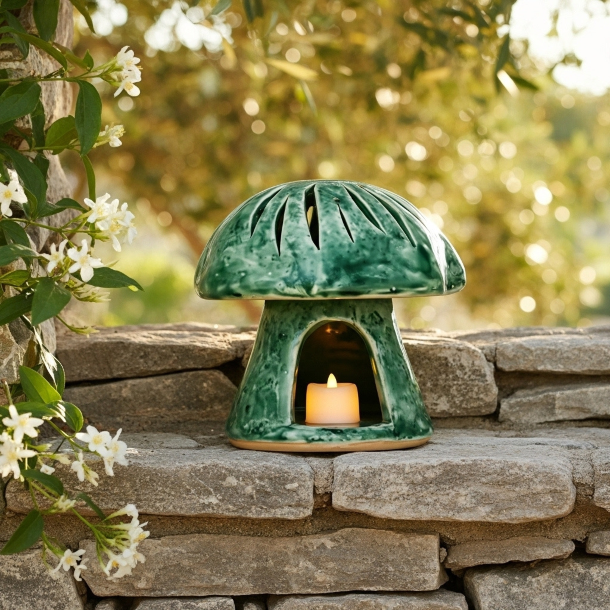 Cache-bougie Champignon en Céramique – Vert Émaillé Tunisien