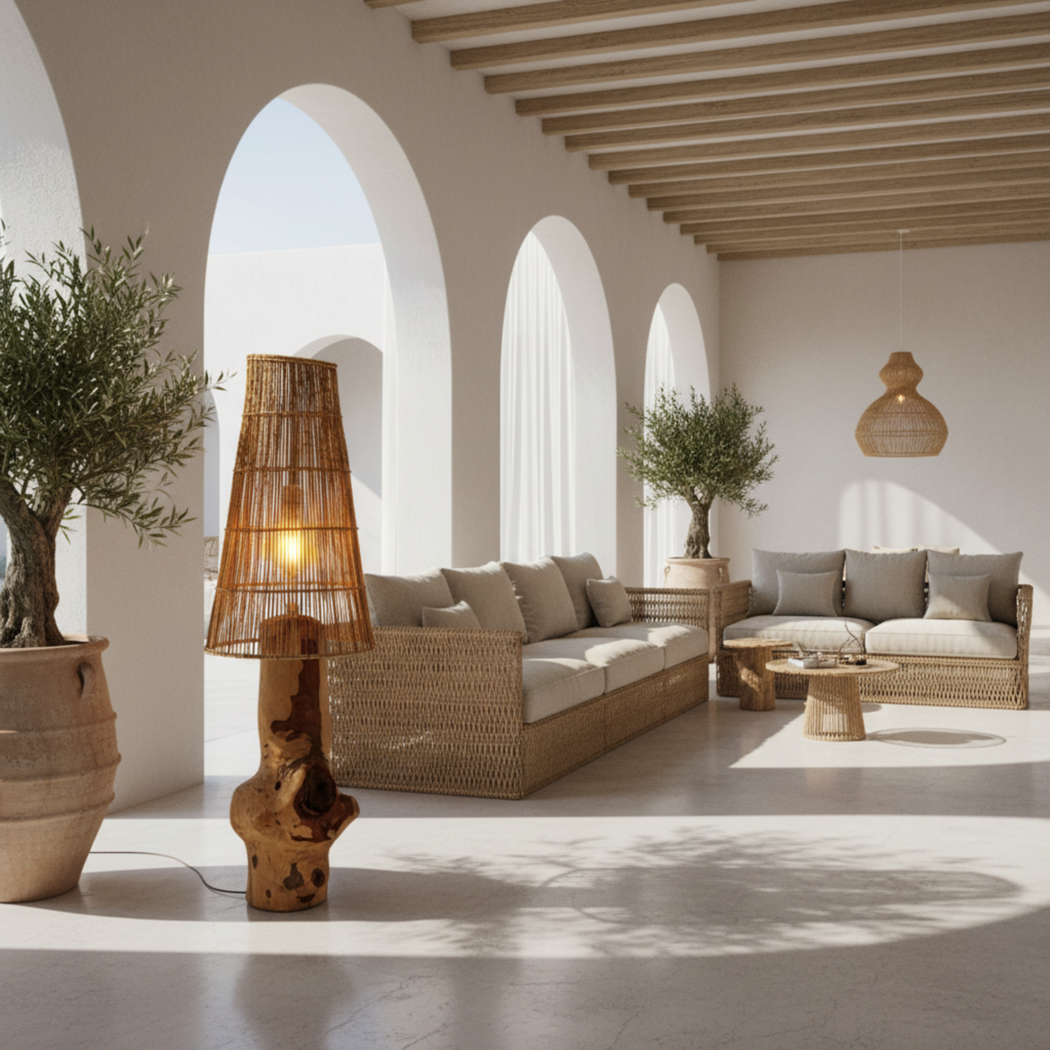 Lampadaire Artisanal Bois & Fibres de Palmier Fait Main | Fiolla Home