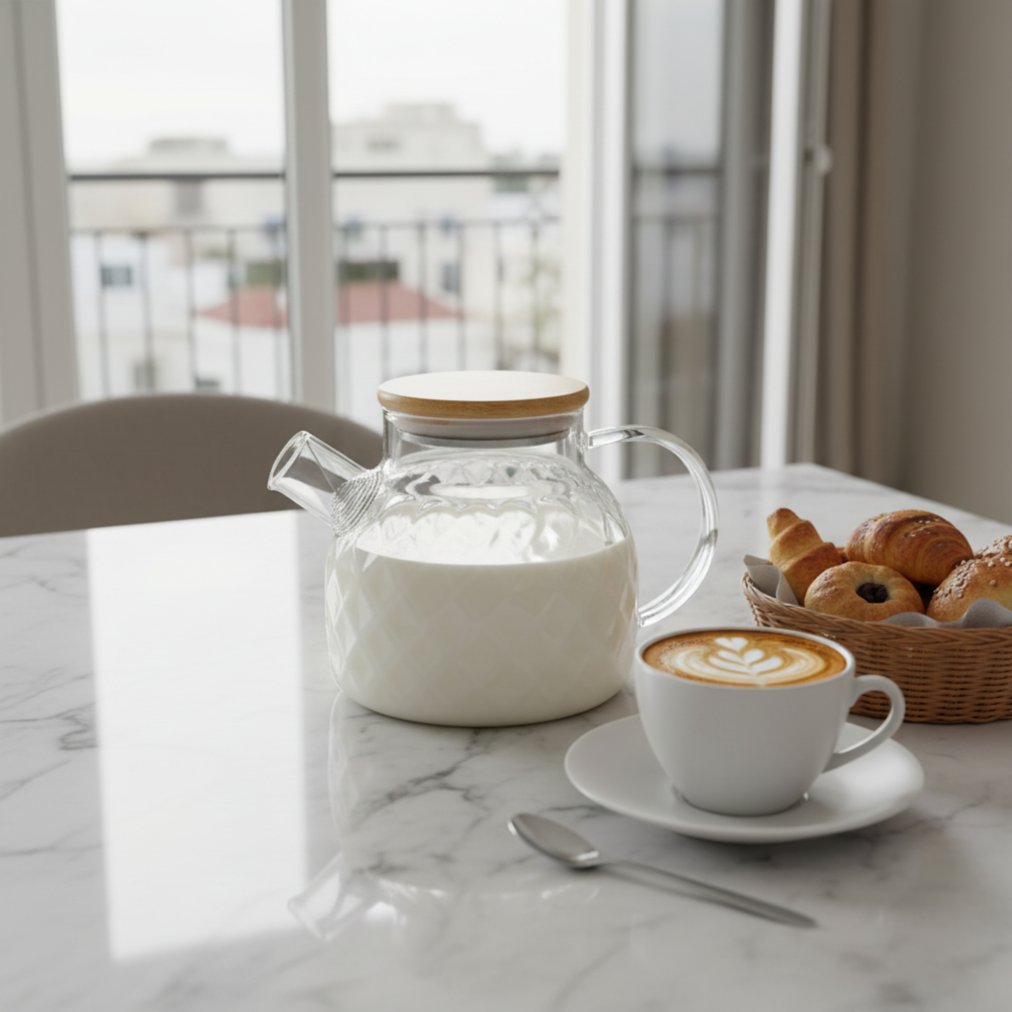 Théière en Verre Texturé & Couvercle Bambou – Design Élégant