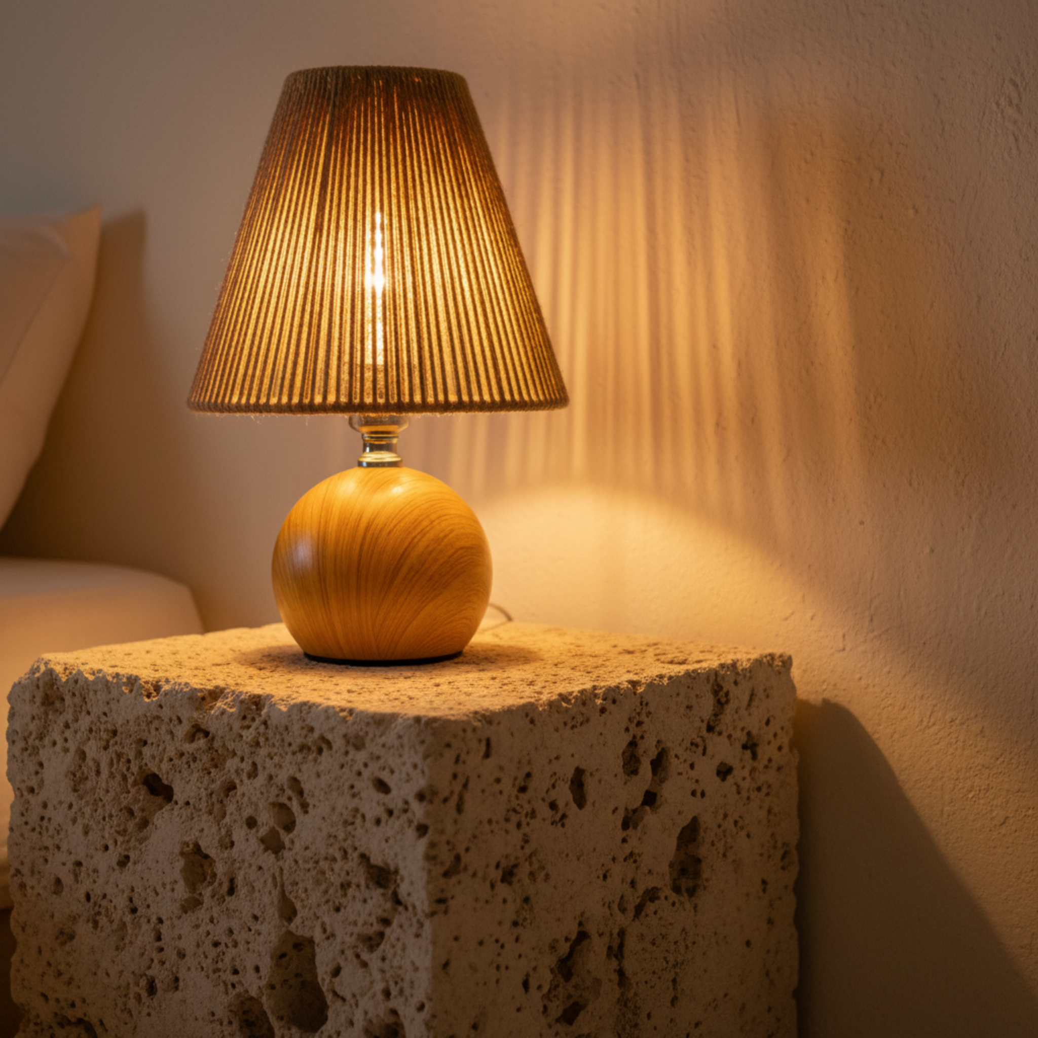 Lampe de Chevet Bohème Bois & Corde – Lumière Douce Tunisie