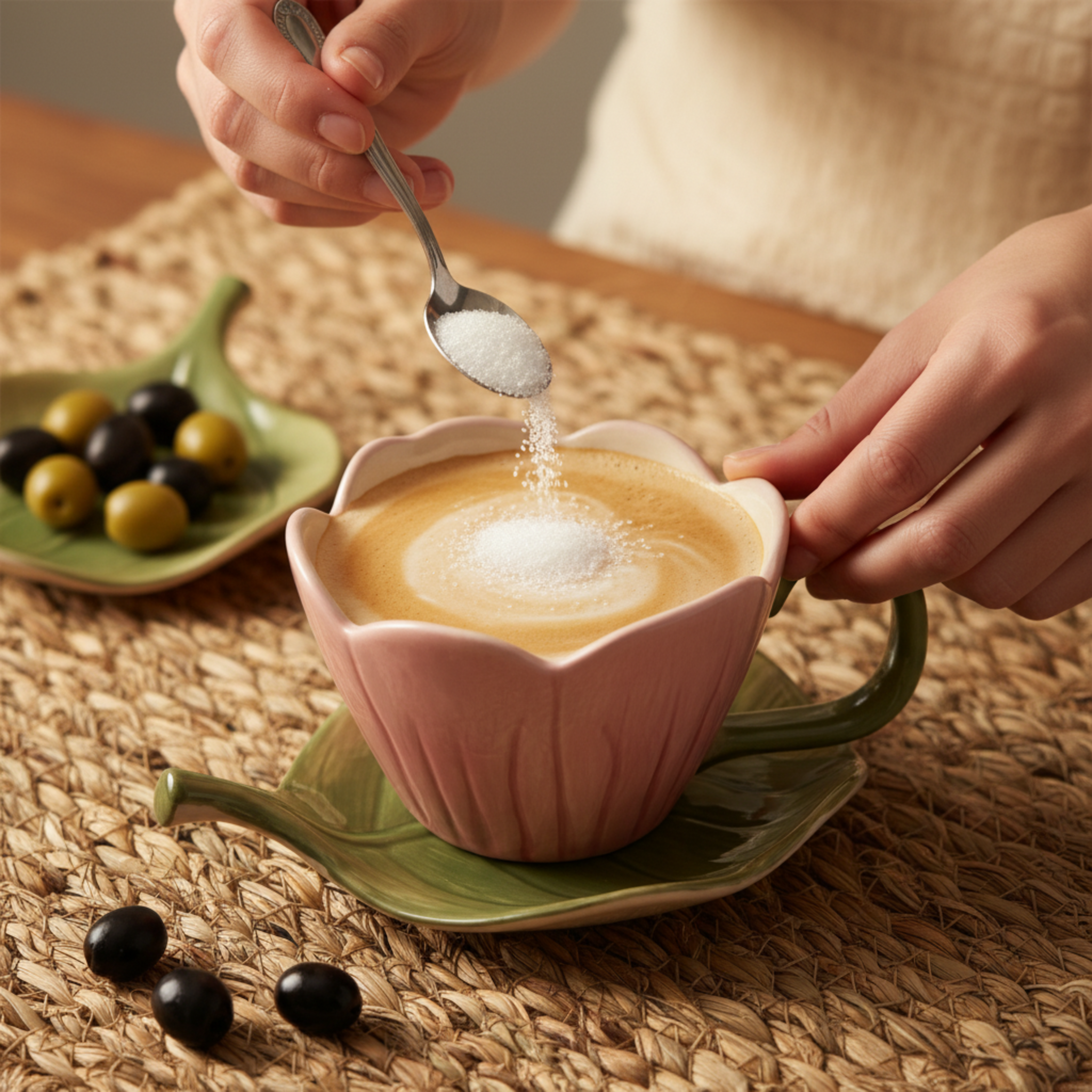 Mug Fleur Rose en Céramique avec Sous-Tasse Feuille – Style Bohème