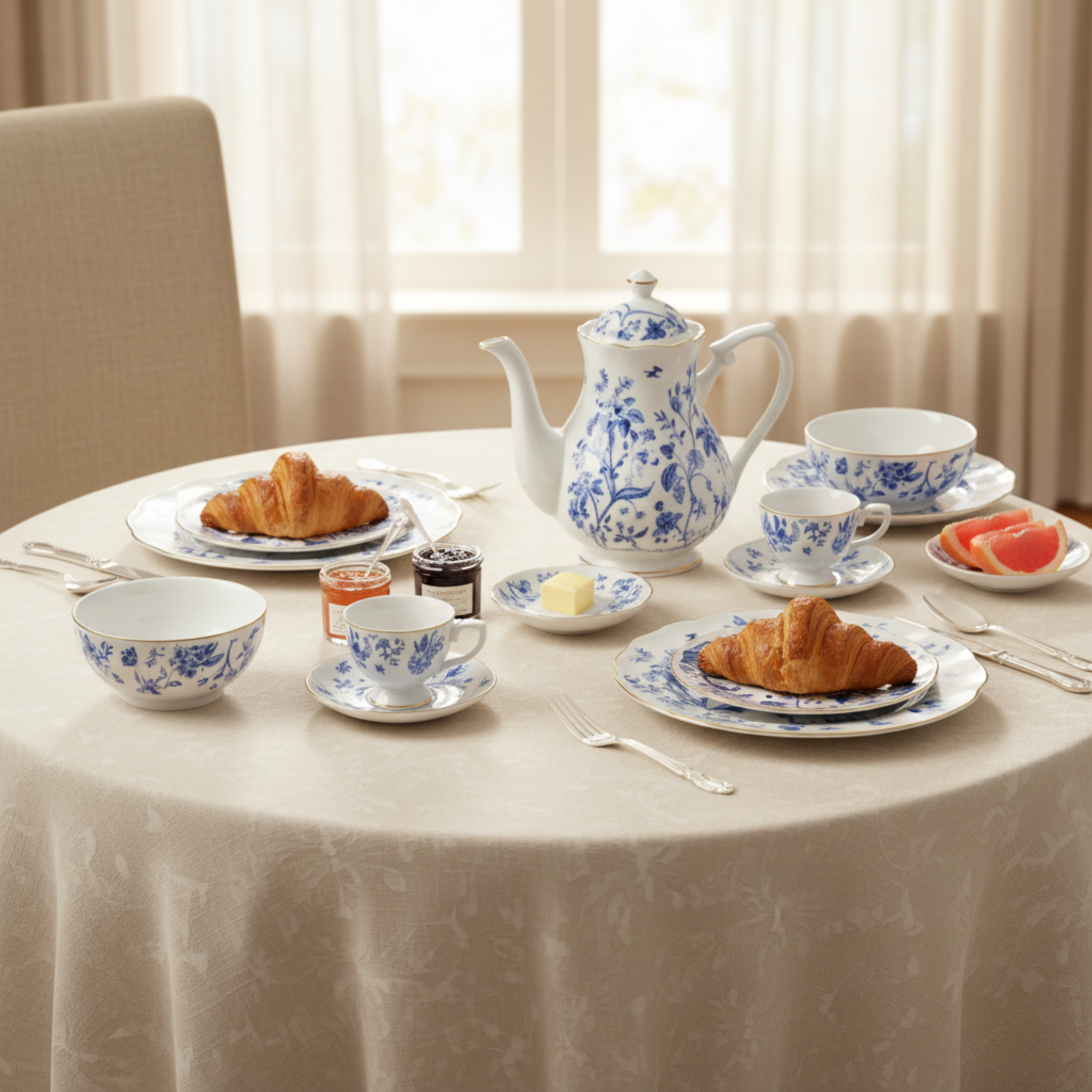 Service Petit Déjeuner 29 Pièces – Porcelaine Bleue & Dorure