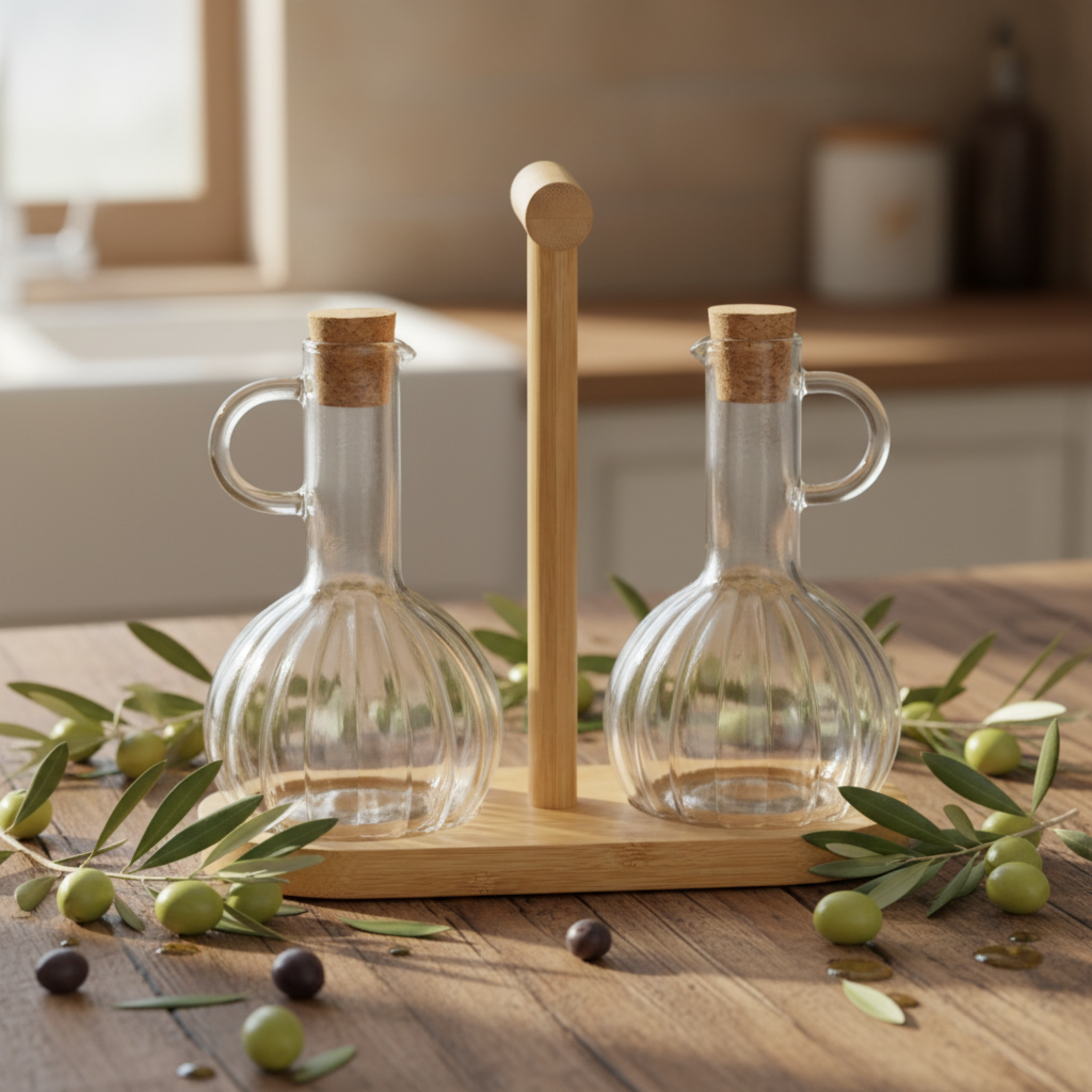 Duo Huilier & Vinaigrier en Verre avec Support Bois – Style Tunisien