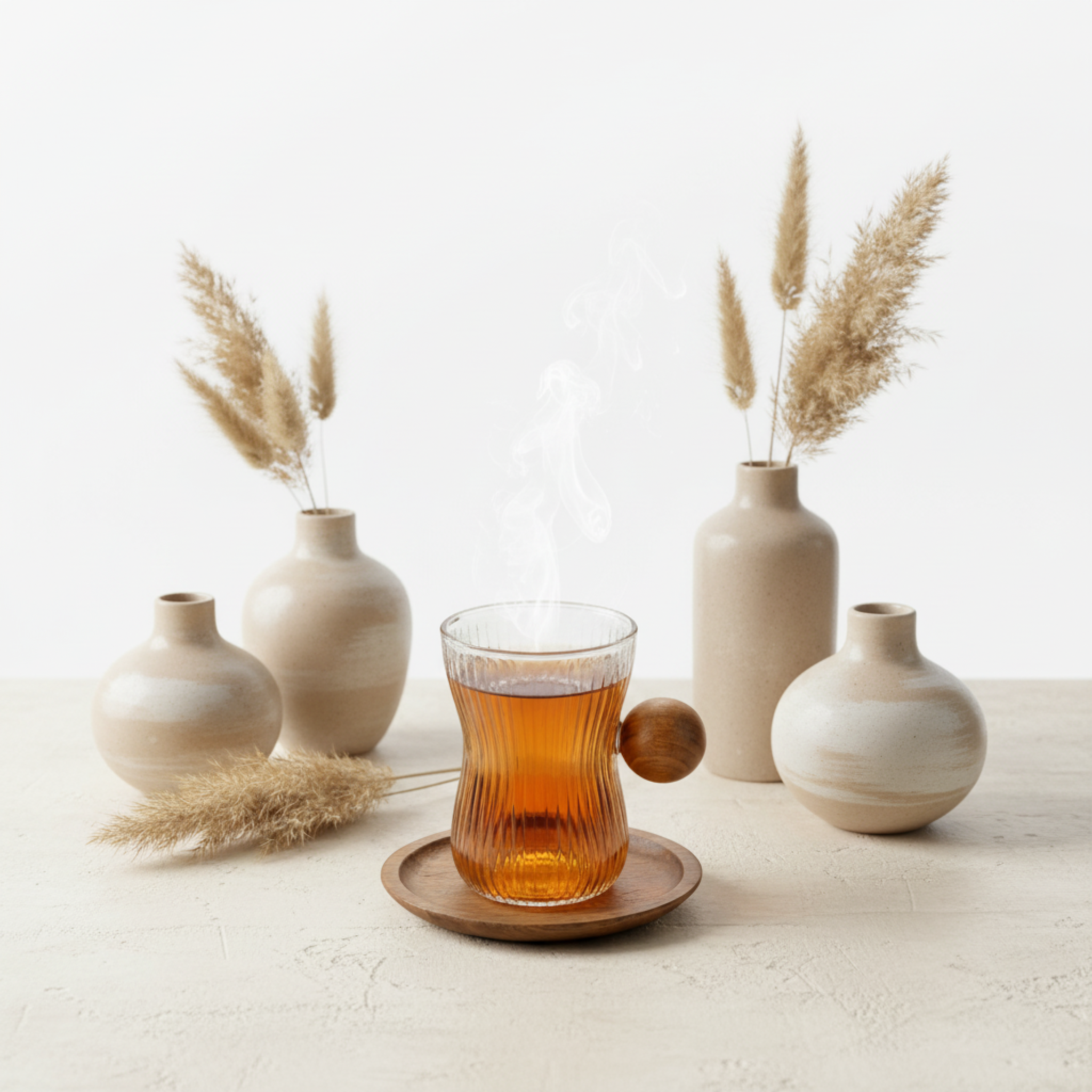 Service à Thé en Verre Côtelé & Manche Boule Bois - Achat Tunisie | Fiolla Home